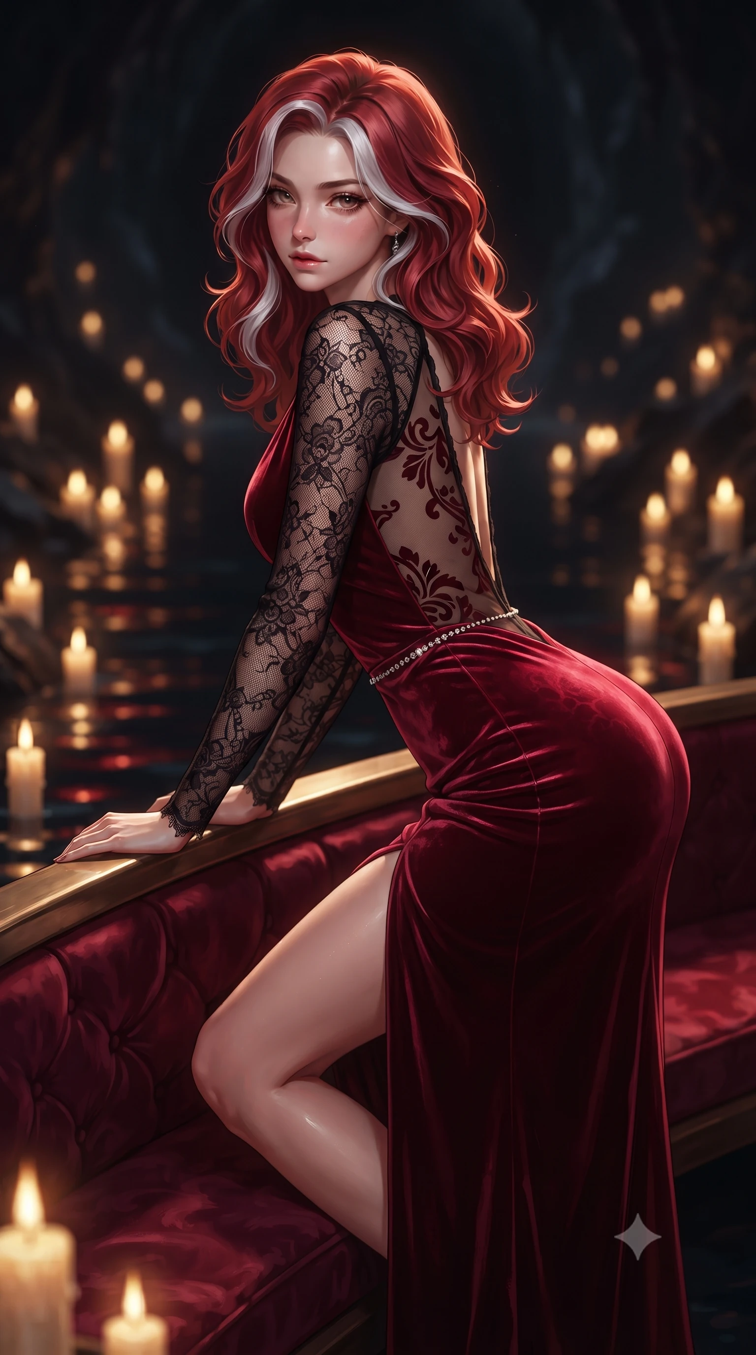 score_9, masterpiece, best quality, ultra-detailed, high-budget anime keyframe, editorial fashion photography, tasteful artistic composition, Caucasian woman. close-up cowboy shot from the waist and thighs up, the character dominates the composition, filling the frame with her large presence. leaning forward against the polished railing with her hips cocked back, creating an intoxicating curve from her narrow waist to sculpted hips as she gazes back into the lens while reclining languidly on an antique velvet-lined skiff floating on the subterranean black lake, arching her spine with one knee bent as candlelight traces her curvy hips. The composition keeps background elements in soft focus with creamy bokeh. thousands of flickering floating candles and dark cavern lake ripples blurred into deep obsidian, molten gold, and blood-ruby bokeh. She has an exceptionally elegant, slender, and willowy female figure with an ultra-slim waist, flat toned midriff, narrow ribcage, and sculpted feminine hips creating an alluring, slim hourglass silhouette without bulk. sharp v-shaped jawline, high-bridge nose, intricate jewel-like eyes with depth, thick eyelashes, glossy parted lips with a natural sheen, intensely captivating and seductive bedroom-eyes expression, flawlessly proportioned anatomical accuracy, strict slender model proportions, natural body alignment, perfectly sculpted long slender limbs, ultra-slim waistline, clean dynamic posture without body distortion. wearing a plunging-V neckline crushed crimson velvet opera gown with delicate black lace sleeves and bare back in phantom obsidian black and blood-red velvet, made of sheer contouring power-mesh with velvet flocking patterns, accented with a dainty diamond waist chain catching the ambient light reflections, the glove-like aerodynamic silhouette tightly following the natural contour of her hips and long slender legs with statuesque 8.5-heads elegance. illuminated by rich specular rim lights defining her razor-sharp jawline, narrow waist, and curvy hips. ultra-reflective glossy finish, specular highlights, rich textural contrasts, high-contrast stereoscopic depth, volumetric dynamic lighting, 2k, ultra detail, master piece, 9:16 ratio