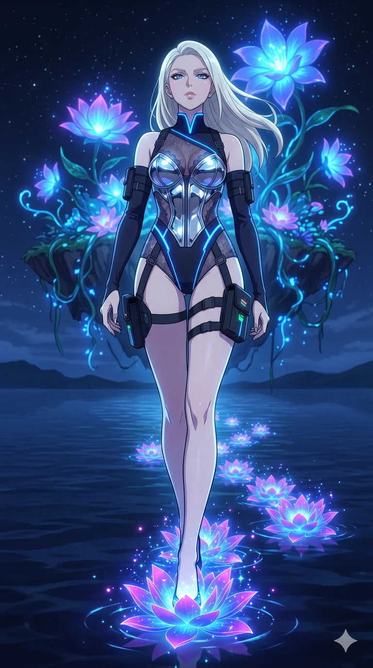 score_9, masterpiece, best quality, ultra-detailed, High-budget Anime Keyframe, vibrant colors, fluid line-art, expressive lighting, cinematic composition, Ufotable-style visual effects, top-tier animation quality, Caucasian woman with pale skin and refined features. Low angle cowboy shot filling the entire 9:16 frame with her statuesque presence, looking up to emphasize her height. Creating a path of glowing lotus flowers with every step across a dark lake. She has an absolutely perfect 8-heads proportion, an exceptionally tall and slender female figure with impossibly long slender legs and an ultra-slim waist, her statuesque height and towering silhouette dominating the vertical 9:16 frame. Her face is a masterpiece featuring a sharp v-shaped jawline, high-bridge nose, intricate jewel-like eyes with depth, thick eyelashes, and glossy lips with a natural sheen. She is wearing a Asymmetrical high-cut tech-bodysuit with detached sleeves, chrome-plated corset over sheer lace, and neon-lit tactical gear with suggestive cutouts.. The scene is set in a floating island covered in giant glowing flowers and vines of pure energy. 2k, ultra detail, master piece, 9:16 ratio
