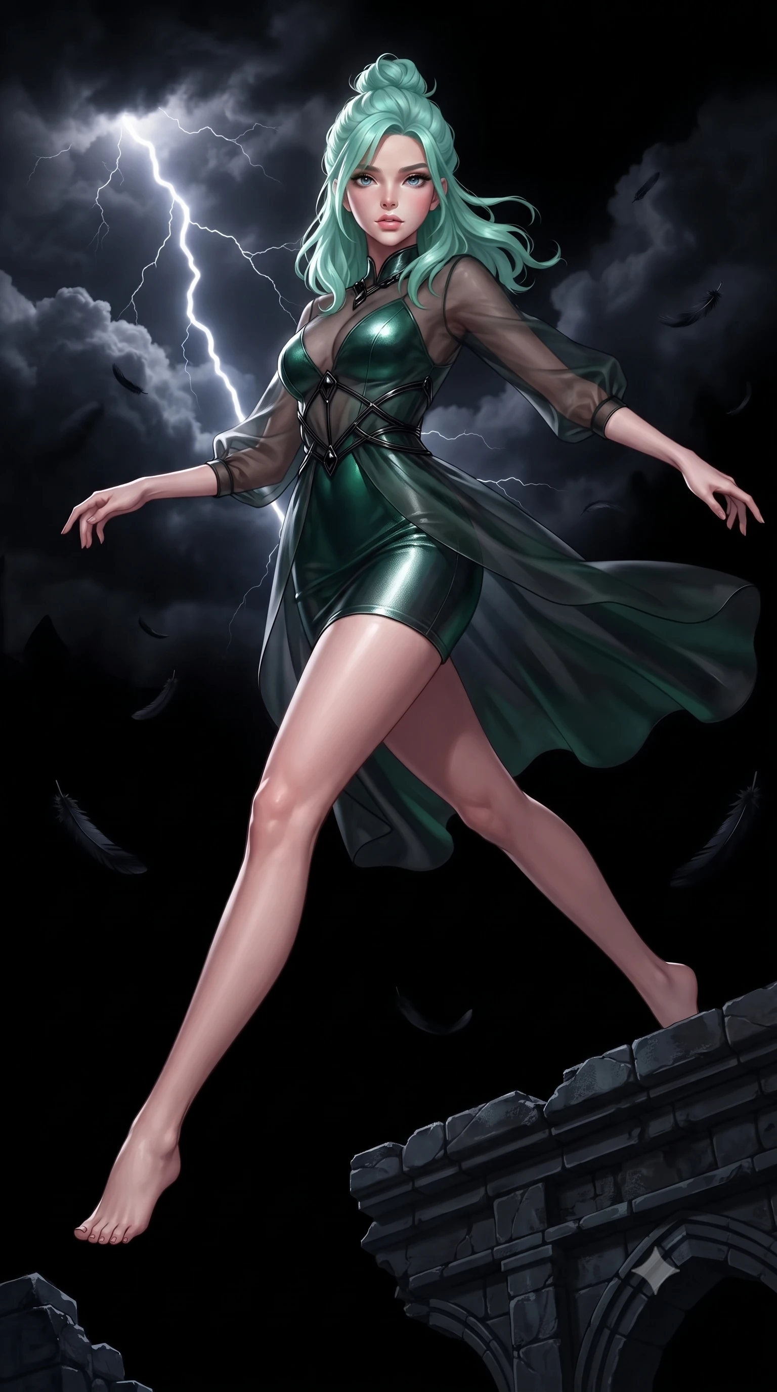 score_9, masterpiece, best quality, ultra-detailed, high-budget anime keyframe, editorial fashion photography, tasteful artistic composition, Japanese woman. low angle full-body shot from head to toe showing her feet, filling the entire 9:16 vertical frame with her statuesque presence, stretching her vertical silhouette. leaping dynamically through the pitch-black void, her posture full of power and elegance, poised on an ancient dark stone parapet as black raven feathers drift around her, dramatic lightning flashes illuminating dark thunderclouds in the background. She has an absolutely perfect, statuesque 8.5-heads proportion, an exceptionally tall and slender model-like female figure with impossibly long slender legs and an ultra-slim waist. sharp v-shaped jawline, high-bridge nose, intricate jewel-like eyes with depth, thick eyelashes, glossy lips with a natural sheen. wearing aerodynamic second-skin dark silver metallic bodycon dress in deep emerald green, made of sheer dark organza overlay, adorned with minimalist black onyx hardware framing the silhouette, highlighting her statuesque proportions and ultra-slim waistline. surrounded by a mysterious gothic raven aura with sharp edge lighting. highly saturated vibrant anime colors, detailed shading with soft gradients, rich glossy textures, high-contrast stereoscopic depth, volumetric dynamic lighting, master piece, 9:16 ratio