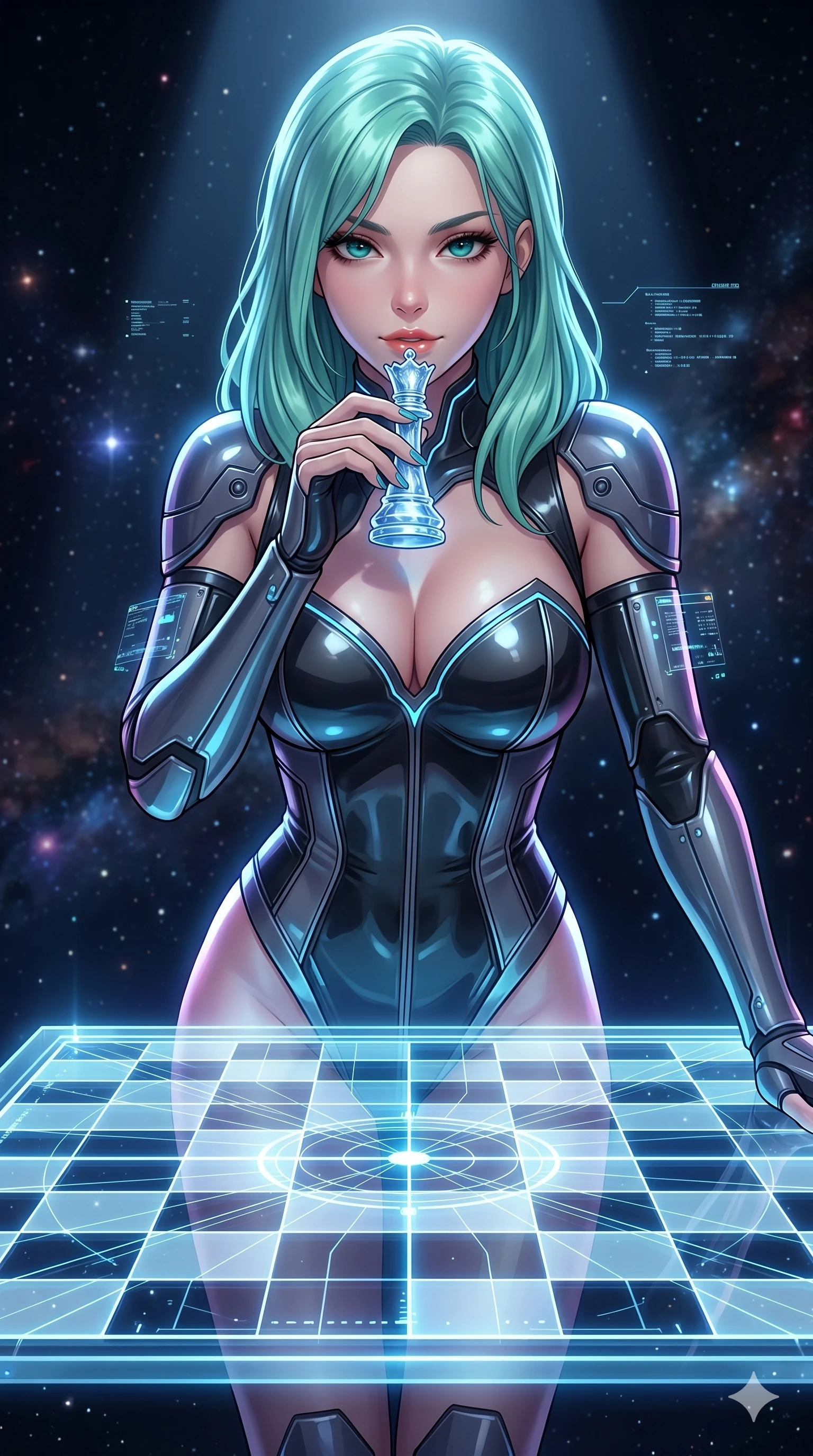 score_9, masterpiece, best quality, ultra-detailed, high-budget anime keyframe, Japanese woman. Upper body close-up from the thighs up, character filling the screen for maximum presence. She is leaning over a giant glowing glass chess board floating in space. She holds a crystal queen piece near her lips, looking at the camera with a teasing, competitive smolder. She has an absolutely perfect 8-heads proportion, a tall and elegant figure with a refined silhouette and a defined waistline. V-shaped jawline, high-bridge nose, intricate jewel-like eyes with depth, thick eyelashes, glossy lips with a natural sheen. She is wearing a structured cybernetic bodice in glossy vinyl panels, paired with detached sleeves and a refined V-neckline detailed with glowing piping. The scene is illuminated by the board's white and blue grids and a sharp overhead spotlight. 2k, ultra detail, master piece, 9:16 ratio