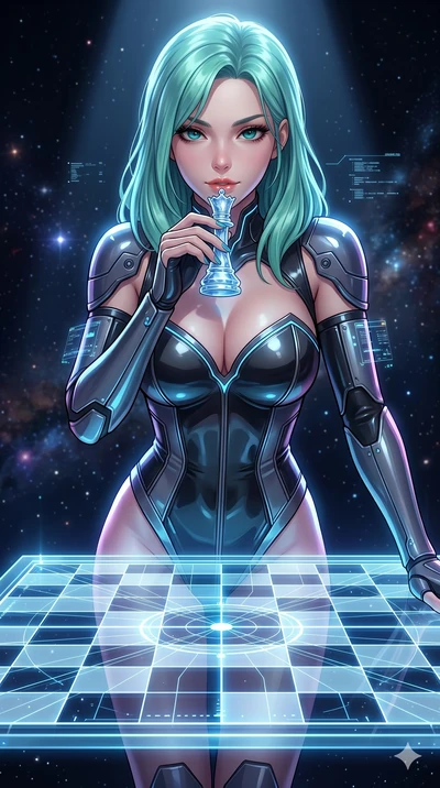 score_9, masterpiece, best quality, ultra-detailed, high-budget anime keyframe, Japanese woman. Upper body close-up from the thighs up, character filling the screen for maximum presence. She is leaning over a giant glowing glass chess board floating 