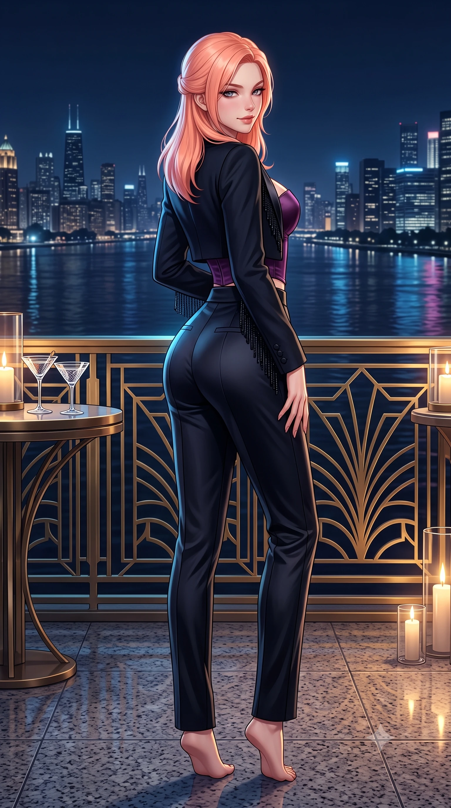 score_9, masterpiece, best quality, ultra-detailed, high-budget anime keyframe, semi-realistic 3D game render, editorial fashion photography, tasteful artistic composition, Japanese woman. low angle full-body shot from head to toe showing her feet, filling the entire 9:16 vertical frame with her statuesque presence, stretching her vertical silhouette. posing with back turned slightly to the lens, glancing back with an intoxicating, dangerous smile as she arches her lower back to emphasize her sculpted feminine hips and slender waist while twisting her slender torso in an alluring S-curve, cool midnight river breezes fluttering her tailored outfit around her curvy hips and long slender legs. The surrounding environment is rendered in vivid detail and crisp panoramic clarity. sharp art deco brass geometric relief, polished riverfront granite texture, and crystal cocktail glass clarity in deep focus. She has an exceptionally tall and slender model-like 8.5-heads proportion, an ultra-slim waist, a flat toned midriff, narrow delicate ribcage, and beautifully sculpted feminine hips creating a graceful, slim hourglass silhouette without any bulky heaviness, with impossibly long slender legs. sharp v-shaped jawline, high-bridge nose, intricate jewel-like dark sparkling eyes with dangerous depth, thick curled eyelashes, glossy parted lips with a rich wine sheen, smoldering seductive half-smile with bedroom-eyes, exuding effortless superiority and intoxicating dark allure, flawlessly proportioned anatomical accuracy, strict slender model proportions, natural body alignment, perfectly sculpted long slender limbs, ultra-slim waistline, clean dynamic posture without body distortion. wearing a tailored cropped midnight-black tuxedo blazer worn over a structured bustier top and high-waisted cigarette trousers in rich plum violet and deep onyx black, crafted from heavy fluid silk satin with a liquid mirror-like drape, accented with fine jet-black beaded tassels that sway with each movement, the high-waisted tailoring accentuating her ultra-slim waistline and the enchanting curve of her feminine hips with alluring dark charm. bathed in dramatic neon riverfront ambient bounce and warm terrace candle highlights. highly saturated vibrant anime colors, detailed shading with soft gradients, rich glossy textures, high-contrast stereoscopic depth, volumetric dynamic lighting, master piece, 9:16 ratio