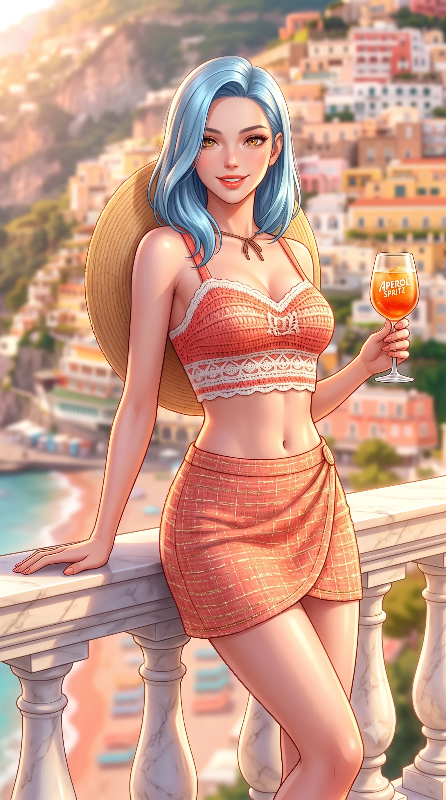 score_9, masterpiece, best quality, ultra-detailed, high-budget anime keyframe, semi-realistic 3D game render, editorial fashion photography, tasteful artistic composition, Korean woman. close-up cowboy shot from the waist and thighs up, the character dominates the composition, filling the frame with her large presence. leaning back against the sunlit marble railing with relaxed seductive grace, her flat midriff and narrow waist highlighted as golden hour light traces her curves while lounging on an outdoor wrought-iron chaise holding an Aperol spritz, her sun-drenched supermodel proportions commanding the vertical frame. The composition keeps background elements in soft focus with dreamy creamy bokeh. stacked pastel peach, terracotta, and lemon cliffside houses cascading to the beach blurred into pastel coral, honey, and turquoise bokeh. She has an exceptionally elegant, slender, and willowy female figure with an ultra-slim waist, flat toned midriff, narrow ribcage, and sculpted feminine hips creating an alluring, slim hourglass silhouette without bulk. sharp v-shaped jawline, high-bridge nose, sparkling amber-hazel eyes with depth, long lush eyelashes, glossy sun-kissed lips with a warm coral glaze, radiant teasing smile with sensual sunlit bedroom-eyes, exuding effortless old-money elegance and intoxicating sun-drenched allure, flawlessly proportioned anatomical accuracy, strict slender model proportions, natural body alignment, perfectly sculpted long slender limbs, ultra-slim waistline, clean dynamic posture without body distortion. wearing a sweetheart-neckline crochet knit crop top paired with a curve-hugging wrap mini skirt accentuating her hips in vibrant sunset coral and cloud white, tailored from soft pastel resort tweed with subtle gold thread shimmer, complemented by a wide-brim straw sunhat held casually behind her back, the high-waisted tailoring accentuating her ultra-slim waistline and the enchanting curve of her feminine hips with alluring sunlit charm. bathed in luminous golden hour sunlight reflecting off the vertical cliff walls. highly saturated vibrant anime colors, detailed shading with soft gradients, rich glossy textures, high-contrast stereoscopic depth, volumetric dynamic lighting, master piece, 9:16 ratio