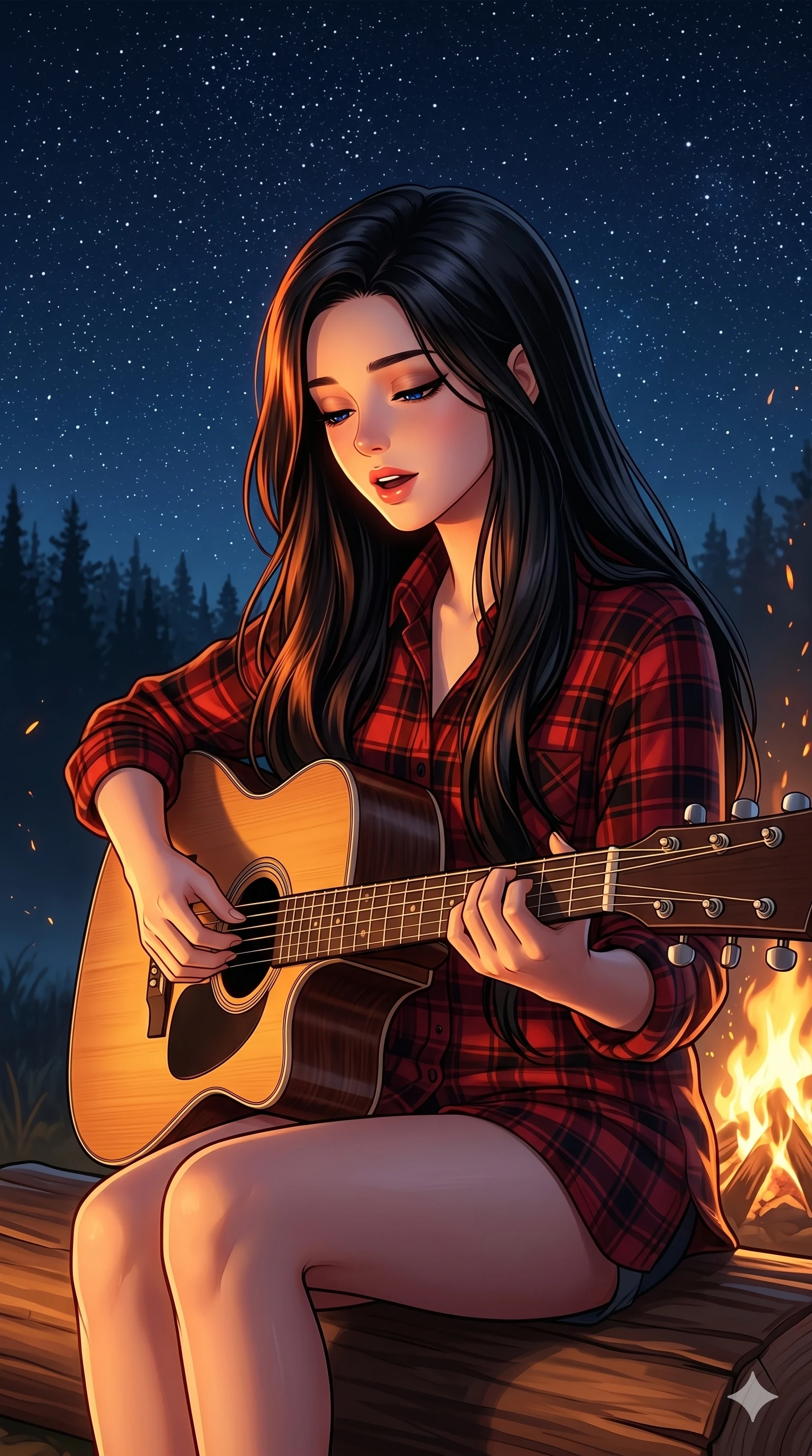 score_9, score_8_up, score_7_up, source_anime, masterpiece, best quality, ultra-detailed, same character with long flowing black hair, wearing a red plaid flannel shirt, upper body close-up from thigh up filling the screen, playing an acoustic guitar and singing softly, campfire setting, starry night sky, warm firelight illuminating her face, 2k, 9:16 ratio