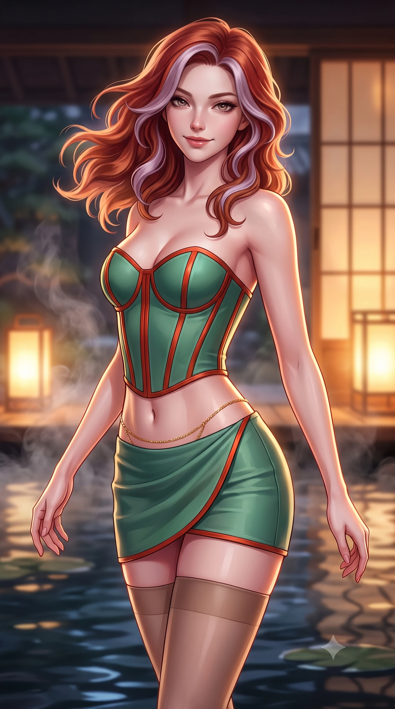 score_9, masterpiece, best quality, ultra-detailed, high-budget anime keyframe, semi-realistic 3D game render, editorial fashion photography, tasteful artistic composition, Caucasian woman. close-up cowboy shot from the waist and thighs up, the character dominates the composition, filling the frame with her large presence. turning slowly with an enchanting smoldering smile, her glossy hair tossing in the breeze as her hips angle gracefully in a captivating contrapposto while twisting her slender torso in an alluring S-curve, delicate rising pond steam and warm shoji paper lantern glows tracing her silhouette. The background shows a soft-focus gentle pond water ripples softened in avant-garde neo-traditional shallow focus. She has an exceptionally elegant, slender, and willowy female figure with an ultra-slim waist, flat toned midriff, narrow ribcage, and sculpted feminine hips creating an alluring, slim hourglass silhouette without bulk. sharp v-shaped jawline, high-bridge nose, sparkling eyes with hypnotic seductive depth, thick curled eyelashes, glossy parted lips with a natural dewy peach sheen, alluring bedroom-eyes with an enchanting coquettish smile, exuding magnetic siren charisma and sophisticated glamour, flawlessly proportioned anatomical accuracy, strict slender model proportions, natural body alignment, perfectly sculpted long slender limbs, ultra-slim waistline, clean dynamic posture without body distortion. wearing a structured boned leatherette corset bodice paired with an ultra-short micro-wrap mini skirt and sheer thigh-high stockings in Kyoto bamboo jade and lacquer vermilion, tailored from fine structural neoprene with crisp architectural edges and smooth contouring, accented with a dainty gold belly chain resting across her flat midriff and curving hips, the second-skin tailored fabric adhering flawlessly to her sculpted flat midriff and slender torso, emphasizing her long leg lines and perfectly proportioned willowy build. bathed in warm 2600K amber light radiating from sliding shoji screens mixed with dark water specular reflection. highly saturated vibrant anime colors, detailed shading with soft gradients, rich glossy textures, high-contrast stereoscopic depth, volumetric dynamic lighting, master piece, 9:16 ratio