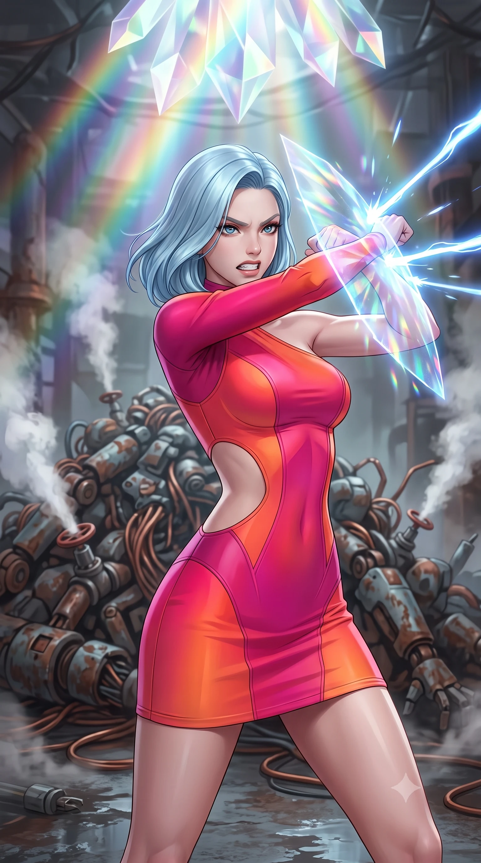 score_9, masterpiece, best quality, ultra-detailed, high-budget anime keyframe, editorial fashion photography, tasteful artistic composition, Korean woman. close-up cowboy shot from the waist and thighs up, the character dominates the composition, filling the frame with her large presence, background elements kept in soft focus. Deflecting incoming plasma bolts with a glowing energy shield attached to her forearm, teeth grit in determination. set against a soft-focus background of a mountain of rusted robotic limbs and copper wires in a damp industrial wasteland, steam venting from broken pressure valves. She has an exceptionally elegant and slender, willowy female figure with an ultra-slim waist, a gracefully sculpted slender torso, and a refined slim physique. sharp v-shaped jawline, high-bridge nose, intricate jewel-like eyes with depth, thick eyelashes, glossy lips with a natural sheen. wearing tailored for maximum mobility, sleek form-contouring panels that allow fluid movement, a body-hugging asymmetric one-sleeve mini dress in a warm fuchsia and orange gradient, with a dramatic side cutout. highly saturated vibrant anime colors, intense vivid color palette, soft 3D volumetric shading, volumetric dynamic lighting, cascading rainbow prismatic light refracting through crystal formations overhead. 2k, ultra detail, master piece, 9:16 ratio