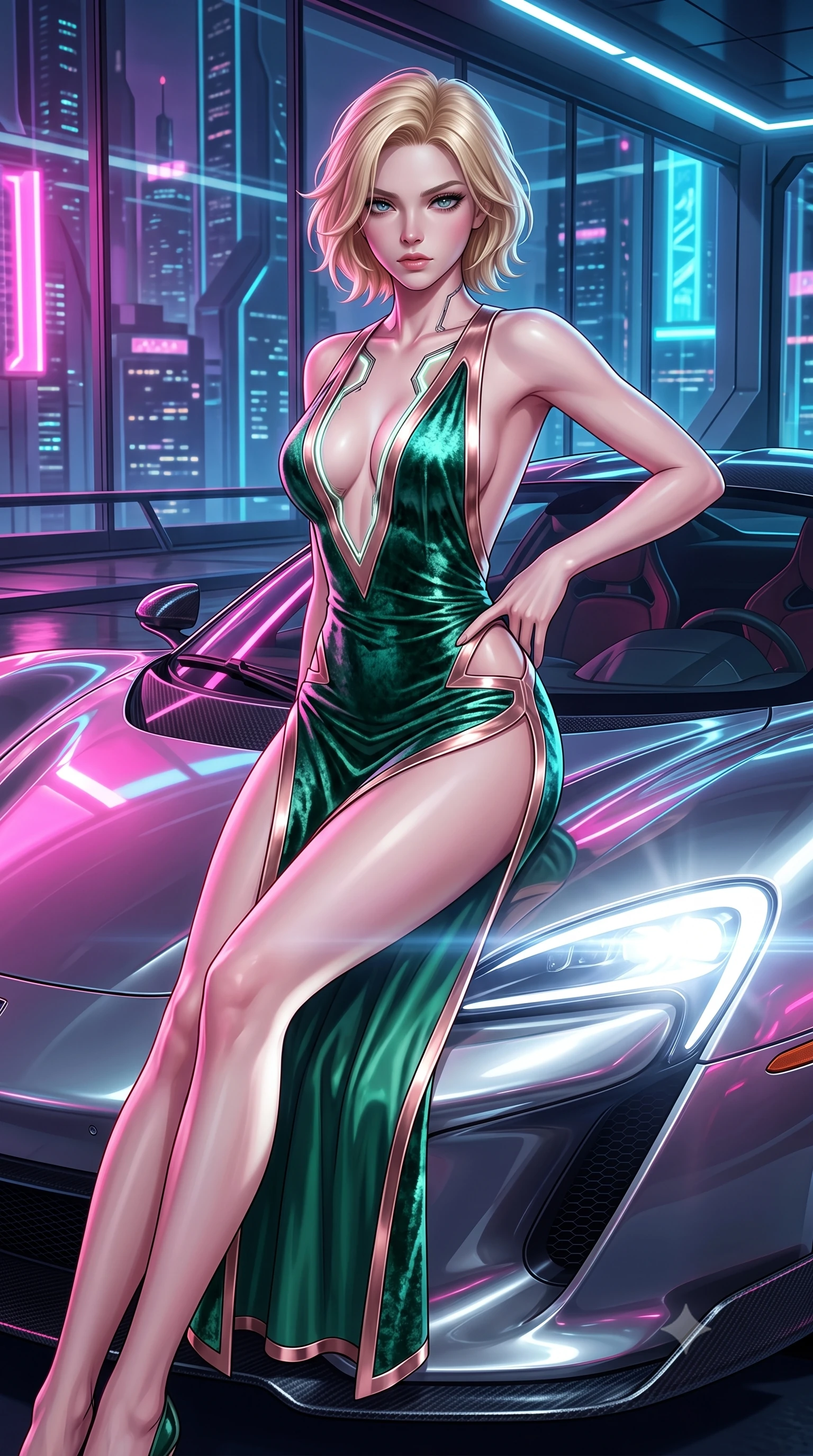 score_9, masterpiece, best quality, ultra-detailed, high-budget anime keyframe, semi-realistic 3D game render, editorial fashion photography, tasteful artistic composition, Caucasian woman. close-up cowboy shot from the waist and thighs up, the character dominates the composition, filling the frame with her large presence. twisting her upper body in a dynamic S-curve with an alluring smolder, one hand trailing along her slender waist while stretching her long slender legs along the curved chassis of a hyper-car with a dangerous smoldering stare. The surrounding environment is rendered in vivid detail and crisp panoramic clarity. high-contrast automotive reflections and sleek modern technological lines captured with environmental sharpness. She has an exceptionally elegant, slender, and willowy female figure with an ultra-slim waist, a gracefully sculpted slender torso, and a refined silhouette. sharp v-shaped jawline, high-bridge nose, intricate jewel-like eyes with depth, thick eyelashes, glossy lips with a natural sheen, flawlessly proportioned anatomical accuracy, natural body alignment, perfectly sculpted elegant limbs, clean dynamic posture without body distortion. wearing a backless crushed velvet gown with a deep V-neckline, strategic hip cutouts, and an ultra-high thigh slit in emerald green and metallic rose gold trim, made of liquid metal jersey that clings flawlessly to every contour of her build, featuring a dangerously unzipped neckline framed by glowing cybernetic accents, the glove-like fit tightly following every curve of her statuesque athletic build. bathed in intense white automotive headlight beams and vibrant neon pink city reflections. highly saturated vibrant anime colors, detailed shading with soft gradients, rich glossy textures, high-contrast stereoscopic depth, volumetric dynamic lighting, master piece, 9:16 ratio