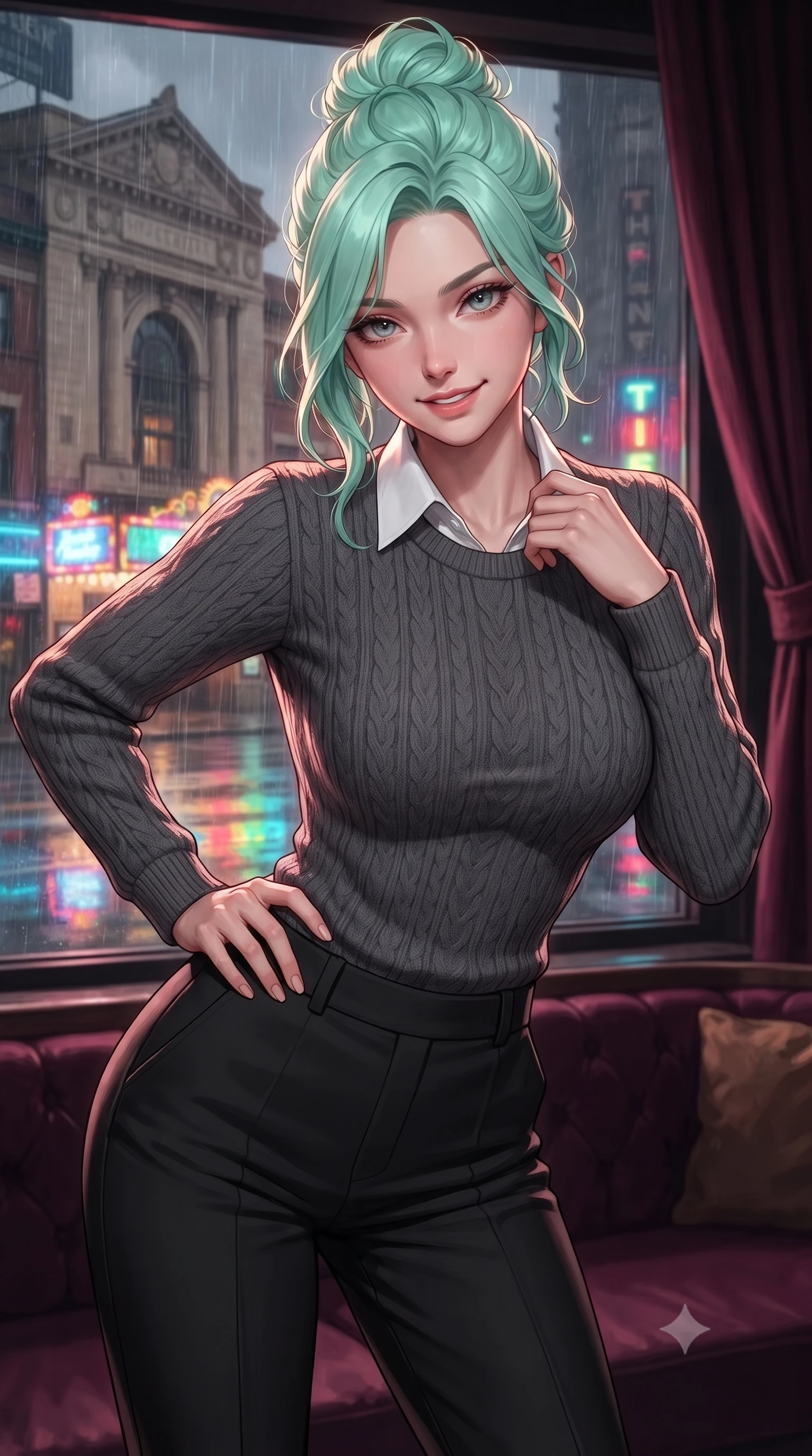 score_9, masterpiece, best quality, ultra-detailed, high-budget anime keyframe, editorial fashion photography, tasteful artistic composition, Japanese woman. close-up cowboy shot from the waist and thighs up, the character dominates the composition, filling the frame with her large presence, background elements kept in soft focus. leaning slightly forward with a playful, teasing smile, her gaze locked onto the viewer the background shows a soft-focus a velvet-trimmed VIP suite overlooking a historic theater facade in the rain. She has an exceptionally elegant, slender, and willowy female figure with an ultra-slim waist, a gracefully sculpted slender torso, and a refined silhouette. sharp v-shaped jawline, high-bridge nose, intricate jewel-like eyes with depth, thick eyelashes, glossy lips with a natural sheen. wearing a body-hugging cozy charcoal grey knit sweater over a white collared shirt and black slacks. vibrant street neon lights reflecting off the wet windows onto her form. ultra-reflective glossy finish, specular highlights, metallic sheen, high-contrast stereoscopic depth, volumetric dynamic lighting, 2k, ultra detail, master piece, 9:16 ratio