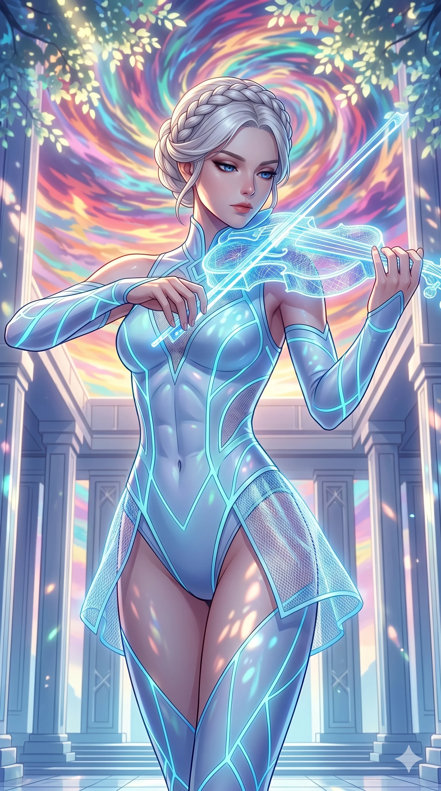 score_9, masterpiece, best quality, ultra-detailed, Set A: High-budget Anime Keyframe, Caucasian (human ears) woman. Upper body close-up from the thighs up, character filling the screen for maximum presence. Theme: Ethereal Dream. playing a holographic violin in a temple made of solid light, with a look of serene power as the sky splits into 298 colors. The atmosphere is filled with cinematic sunlight through leaves. She has an absolutely perfect 8-heads proportion, an exceptionally tall and slender female figure with impossibly long slender legs and an ultra-slim waist. Sharp v-shaped jawline, high-bridge nose, intricate jewel-like eyes with depth, glossy lips. Wearing Modernized ninja gear with glowing neon-veined fabric and a short mesh skirt. Cinematic lighting, vivid colors, dramatic shadows, 2k, ultra detail, master piece, 9:16 ratio