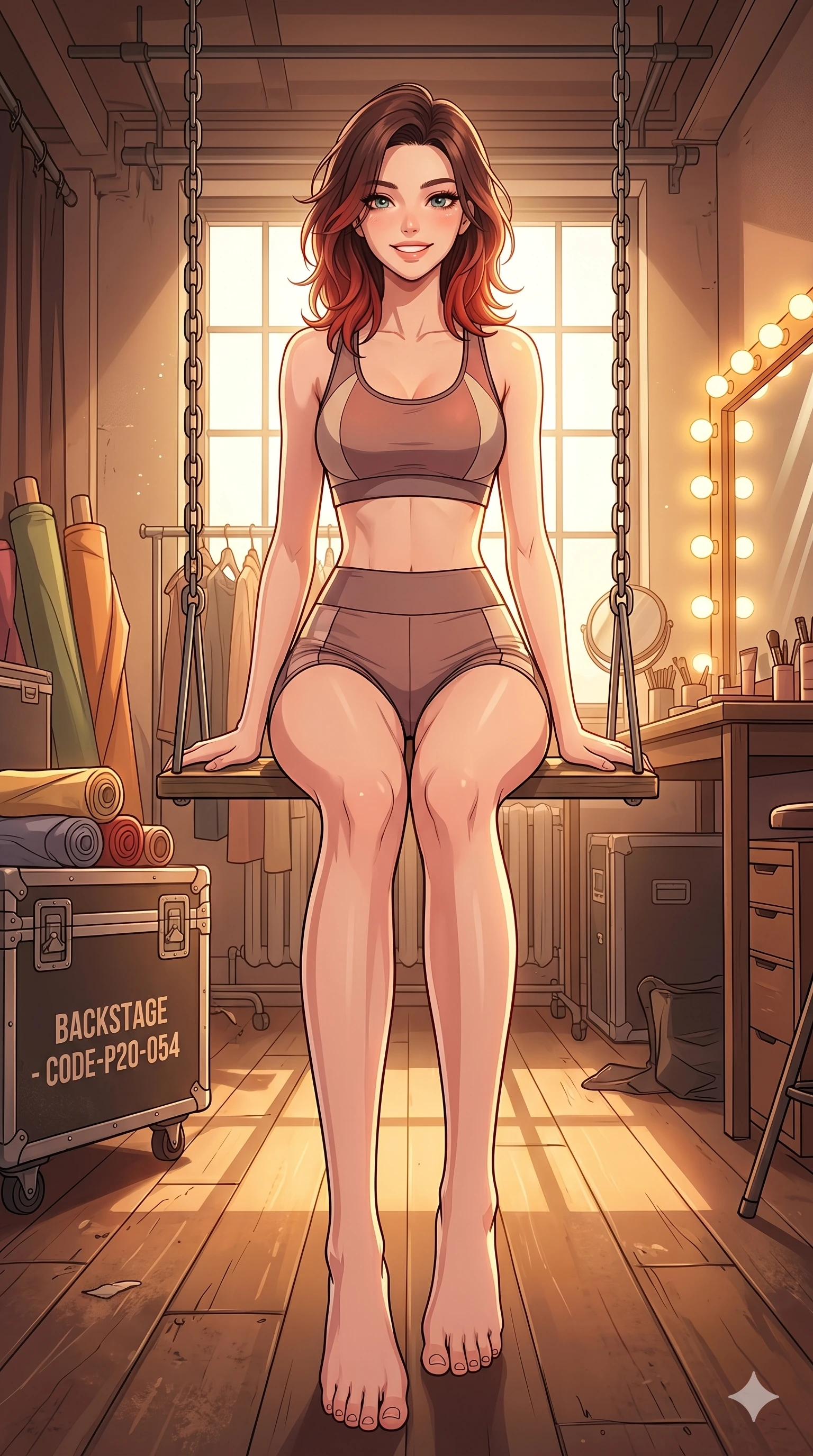 score_9, masterpiece, best quality, ultra-detailed, high-budget anime keyframe, vibrant anime aesthetic, Korean woman. low angle full-body shot from head to toe showing her feet, filling the entire 9:16 vertical frame with her statuesque presence, stretching her vertical silhouette. She is sitting on a garden swing, smiling brightly with a cheerful and warm gaze inside a high-fashion runway backstage room with warm lights (Code-P20-054). She has an absolutely perfect 8-heads proportion, an exceptionally tall and slender female figure with impossibly long slender legs and an ultra-slim waist. V-shaped jawline, high-bridge nose, intricate jewel-like eyes with depth, thick eyelashes, glossy lips with a natural sheen. wearing a skin-tight activewear set with a sports bra and micro-shorts. She is illuminated by bright, direct sunbeams in a photography studio, creating clean outlines. 2k, ultra detail, master piece, 9:16 ratio