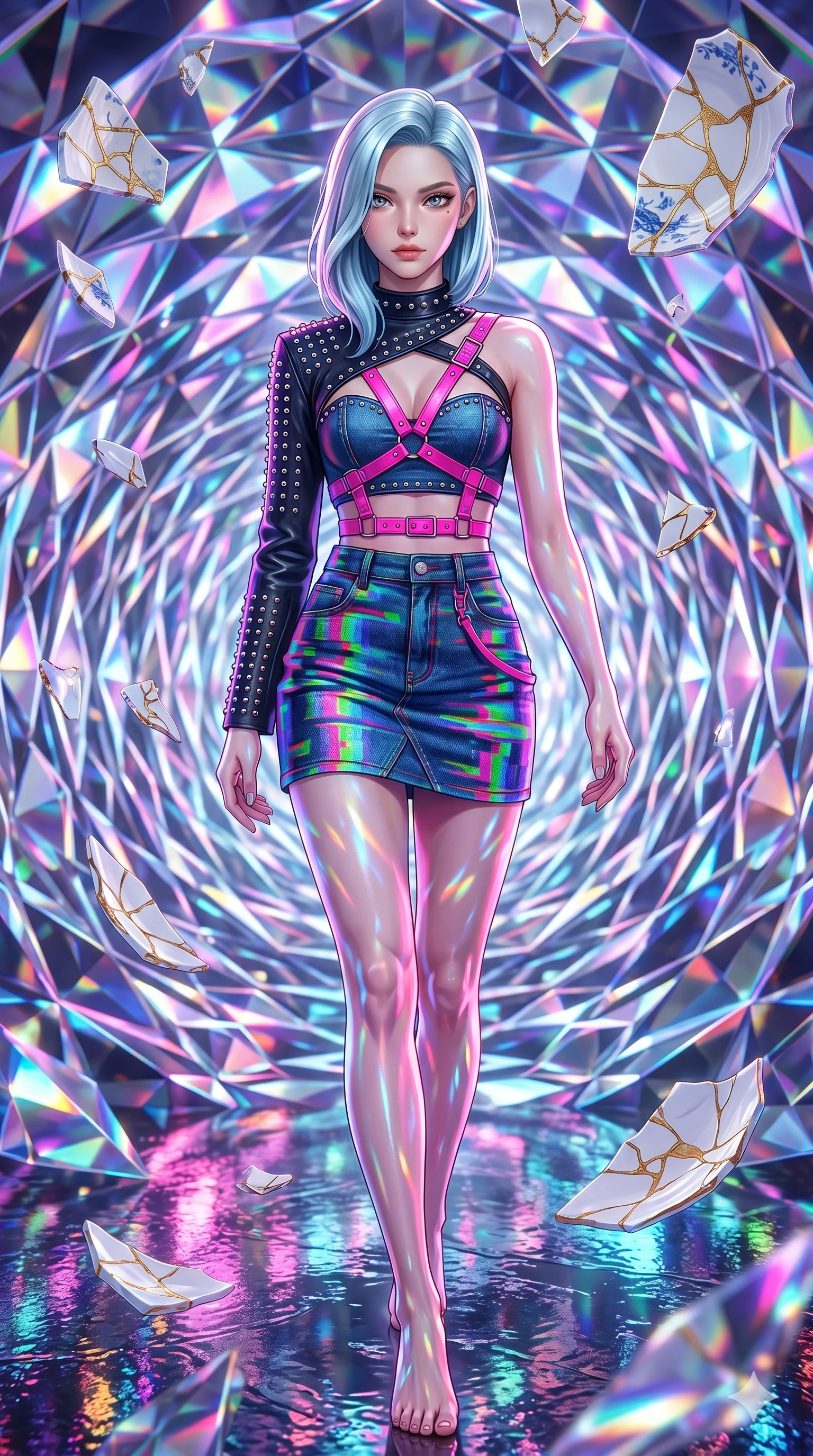 score_9, masterpiece, best quality, ultra-detailed, high-budget anime keyframe, editorial fashion photography, tasteful artistic composition, Korean woman. upper body close-up from the thighs up, character filling the screen for maximum presence. stepping gracefully onto through a kaleidoscope tunnel made of shifting diamond prisms as shards of porcelain and gold kintsugi float in suspension. She has an absolutely perfect 8-heads proportion, an exceptionally tall and slender female figure with impossibly long slender legs and an ultra-slim waist. V-shaped jawline, high-bridge nose, intricate jewel-like eyes with depth, thick eyelashes, glossy lips with a natural sheen.. wearing a glitch denim and studded leather outfit, featuring an RGB glitch pattern denim structured mini-skirt, a single-sleeve cropped leather jacket, and neon pink harness straps. illuminated by the brilliant neon reflections bouncing off wet surfaces, emphasizing her skin tone. 2k, ultra detail, master piece, 9:16 ratio