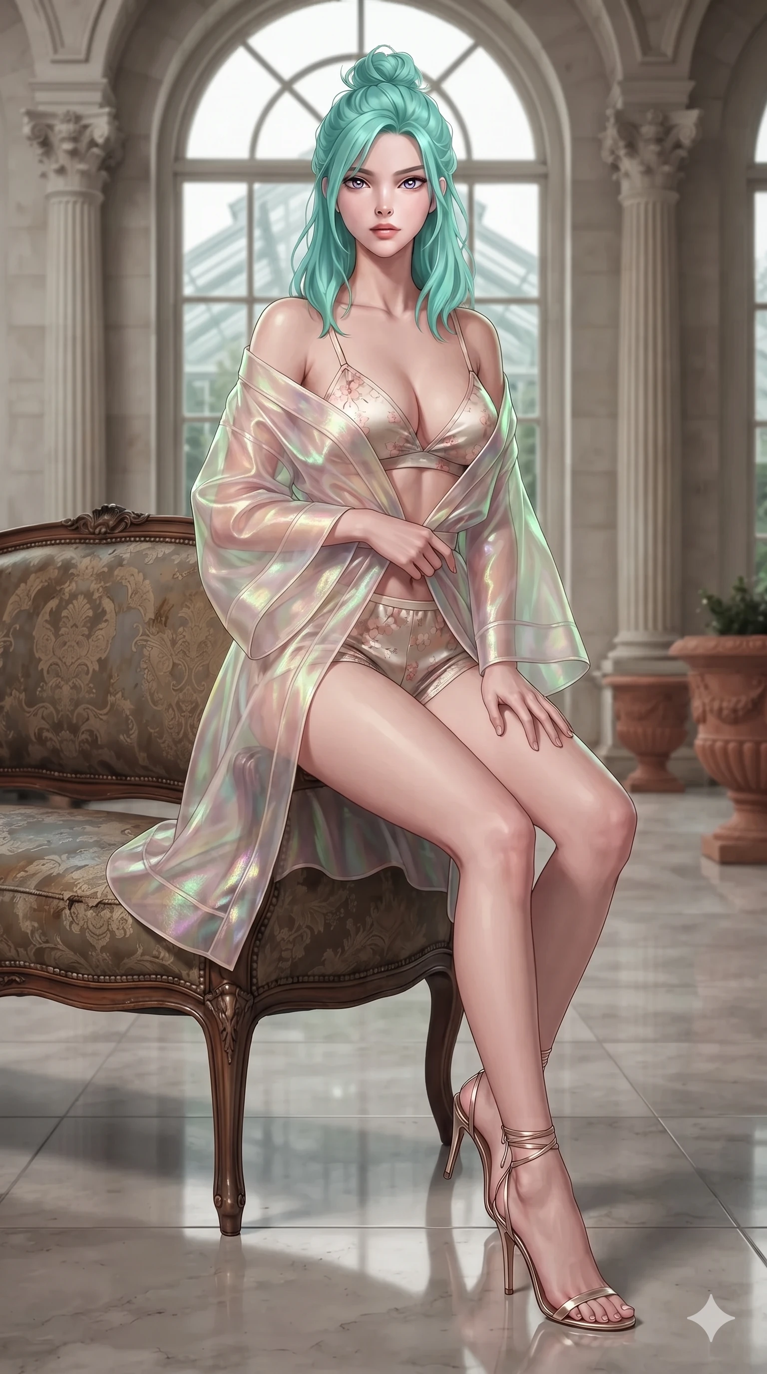 score_9, masterpiece, best quality, ultra-detailed, high-budget anime keyframe, editorial fashion photography, tasteful artistic composition, Japanese woman. close-up cowboy shot from the waist and thighs up, the character dominates the composition, filling the frame with her large presence. perched sideways on the vintage settee, one knee drawn up to showcase her slender leg line while her arched back accentuates her feminine hip curve while sitting gracefully on the carved marble bench with legs crossed, flashing an enchanting smile with parted glossy lips. The surrounding environment is rendered in vivid detail and crisp panoramic clarity: detailed semi-translucent wrap dress tailoring, delicate gold chain accents, and neoclassical orangerie architecture in razor-sharp clarity. She has an exceptionally elegant, slender, and willowy female figure with an ultra-slim waist, flat toned midriff, narrow ribcage, and sculpted feminine hips creating an alluring, slim hourglass silhouette without bulk. sharp v-shaped jawline, high-bridge nose, intricate jewel-like sparkling eyes with depth, thick eyelashes, glossy parted lips with a natural sheen, intensely captivating and seductive bedroom-eyes expression, exuding both youthful cute charm and sovereign luxury allure, flawlessly proportioned anatomical accuracy, strict slender model proportions, natural body alignment, perfectly sculpted long slender limbs, ultra-slim waistline, clean dynamic posture without body distortion. wearing a translucent iridescent organza kimono robe slipping off bare shoulders over a matching satin micro-bralette and micro-shorts in sakura blossom pink and warm ivory, crafted from stretch micro-mesh with liquid foil coating that shimmers with every movement, complemented by strappy stiletto sandals with metallic ankle wraps accentuating her slender calves, the impeccably tailored cut draping gracefully along her slender figure with aristocratic poise. illuminated by polished limestone floor reflections and sharp emerald-gold rim lights sculpting her razor-sharp jawline, narrow waist, and curvy hips. ultra-reflective glossy finish, specular highlights, rich textural contrasts, high-contrast stereoscopic depth, volumetric dynamic lighting, 2k, ultra detail, master piece, 9:16 ratio