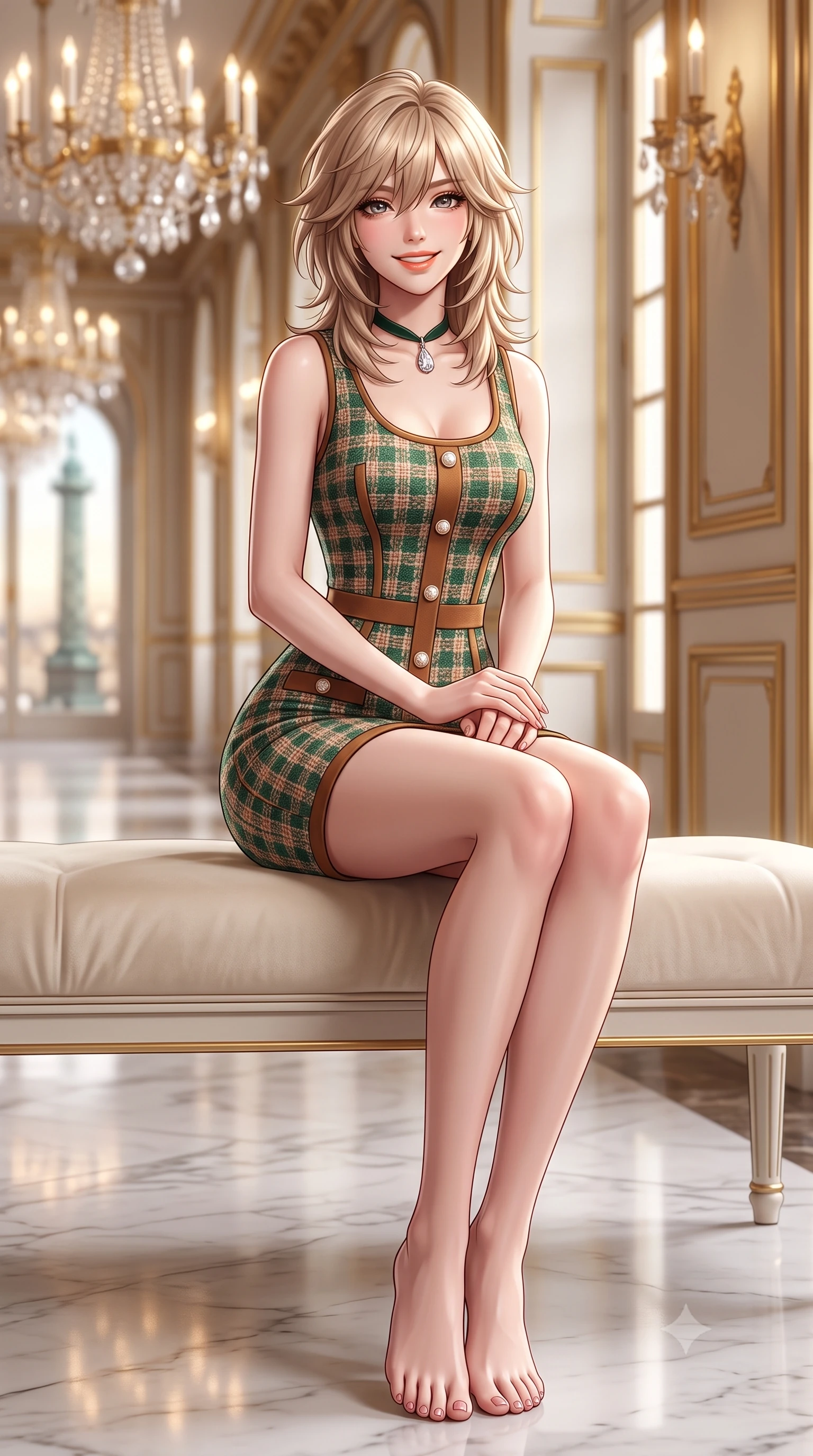 score_9, masterpiece, best quality, ultra-detailed, high-budget anime keyframe, semi-realistic 3D game render, editorial fashion photography, tasteful artistic composition, Japanese woman. low angle full-body shot from head to toe showing her feet, filling the entire 9:16 vertical frame with her statuesque presence, stretching her vertical silhouette. pausing along the promenade and turning back toward the camera with an infectious, delightful smile, her form-fitting silhouette highlighting her curvy hips and slim waist while sitting poised on an ivory velvet banquette with hands folded neatly in her lap, exuding impeccable French haute-couture elegance. The background shows a soft-focus glittering crystal chandeliers, gilded boiserie wall paneling, and views of the bronze Vendôme column through tall windows blurred into champagne, ivory, and brass bokeh. She has an exceptionally tall and slender model-like 8.5-heads proportion, an ultra-slim waist, a flat toned midriff, narrow delicate ribcage, and beautifully sculpted feminine hips creating a graceful, slim hourglass silhouette without any bulky heaviness, with impossibly long slender legs. sharp v-shaped jawline, high-bridge nose, intricate jewel-like sparkling eyes with depth, thick eyelashes, glossy parted lips with a natural peach sheen, bright cheerful beaming smile with an enchanting and coquettish sensual glint, exuding both youthful cute charm and seductive allure, flawlessly proportioned anatomical accuracy, strict slender model proportions, natural body alignment, perfectly sculpted long slender limbs, ultra-slim waistline, clean dynamic posture without body distortion. wearing a form-contouring pastel bouclé tweed bodycon mini dress with structured waist darts and decorative pearl buttons in heritage British racing green and warm cognac brown, woven from fine elastic rib-knit fabric tracing every millimeter of her slender torso, finished with a narrow velvet neck ribbon and a sparkling teardrop crystal pendant, the glove-like clinging cut tightly following the natural contour of her hips and long slender legs with youthful 8.5-heads elegance. illuminated by polished marble floor bounce and pristine champagne rim lights defining her razor-sharp jawline and elegant tailored silhouette. highly saturated vibrant anime colors, detailed shading with soft gradients, rich glossy textures, high-contrast stereoscopic depth, volumetric dynamic lighting, master piece, 9:16 ratio