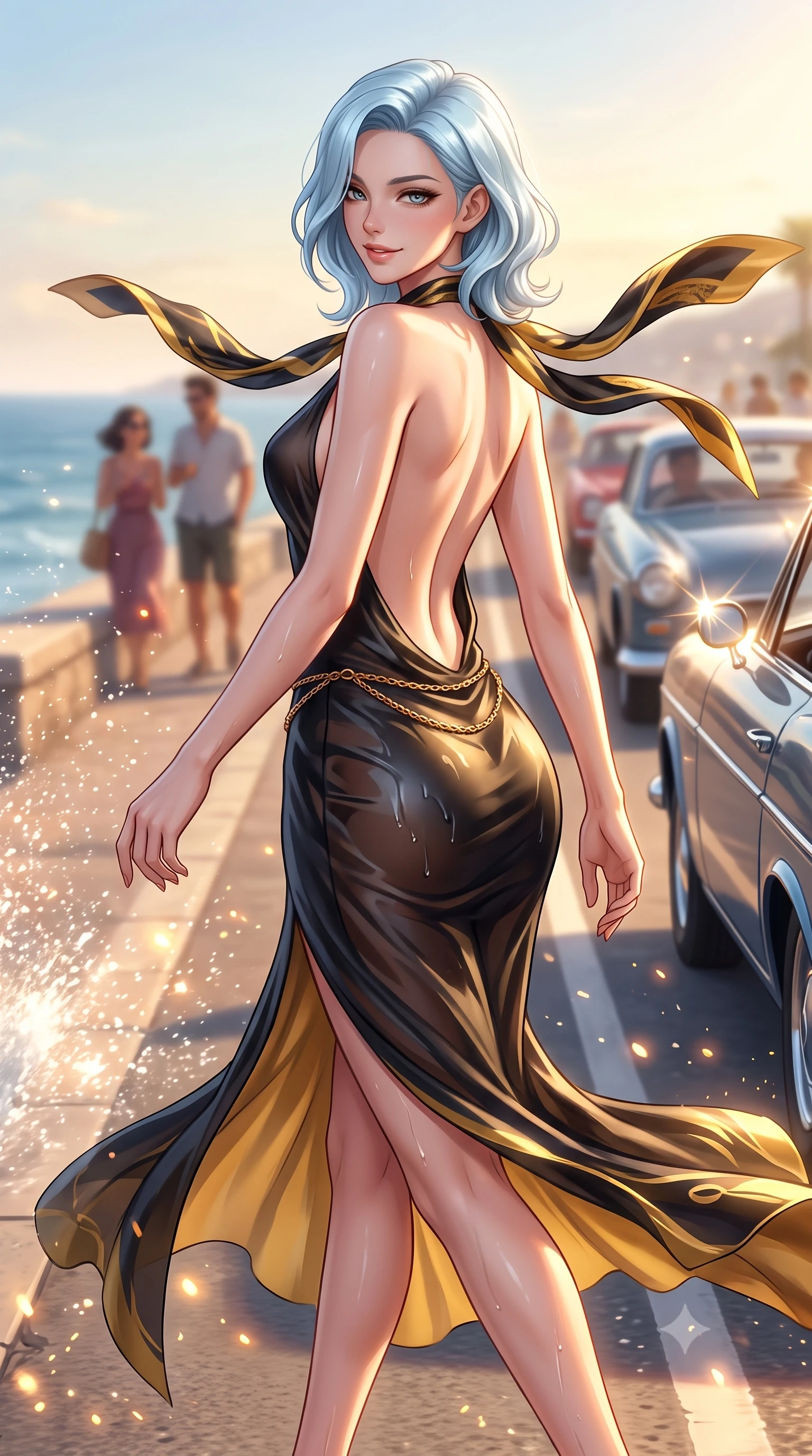 score_9, masterpiece, best quality, ultra-detailed, high-budget anime keyframe, semi-realistic 3D game render, editorial fashion photography, tasteful artistic composition, Korean woman. close-up cowboy shot from the waist and thighs up, the character dominates the composition, filling the frame with her large presence. turning over a bare shoulder with an intoxicating, teasing smile, her soft hair framing her sharp jawline as her hips angle gracefully while striding gracefully along the coastal corniche as sea winds flutter her open silk scarf, hips swaying in an alluring supermodel rhythm. The composition keeps background elements in soft focus with creamy bokeh. sun glints off chrome car mirrors and sea spray scattering radiant warm light motes. She has an exceptionally elegant, slender, and willowy female figure with an ultra-slim waist, flat toned midriff, narrow ribcage, and sculpted feminine hips creating an alluring, slim hourglass silhouette without bulk. sharp v-shaped jawline, high-bridge nose, intricate jewel-like eyes with depth, thick eyelashes, glossy parted lips with a natural sheen, intensely captivating and seductive bedroom-eyes expression, flawlessly proportioned anatomical accuracy, strict slender model proportions, natural body alignment, perfectly sculpted long slender limbs, ultra-slim waistline, clean dynamic posture without body distortion. wearing a delicate semi-translucent silk yukata that clings to her wet skin and curvy hip contours in midnight obsidian black and liquid gold, tailored from liquid silk jersey adhering flawlessly to her slender build, accented with a delicate gold chain belt resting loosely on her curvy hips, the dramatically scooped open back descending to the base of her spine, accentuating her razor-sharp statuesque lines and slim hourglass silhouette. illuminated by bright specular sun glints sharply carving her razor-sharp jawline, narrow waist, and curvy hips. highly saturated vibrant anime colors, detailed shading with soft gradients, rich glossy textures, high-contrast stereoscopic depth, volumetric dynamic lighting, master piece, 9:16 ratio