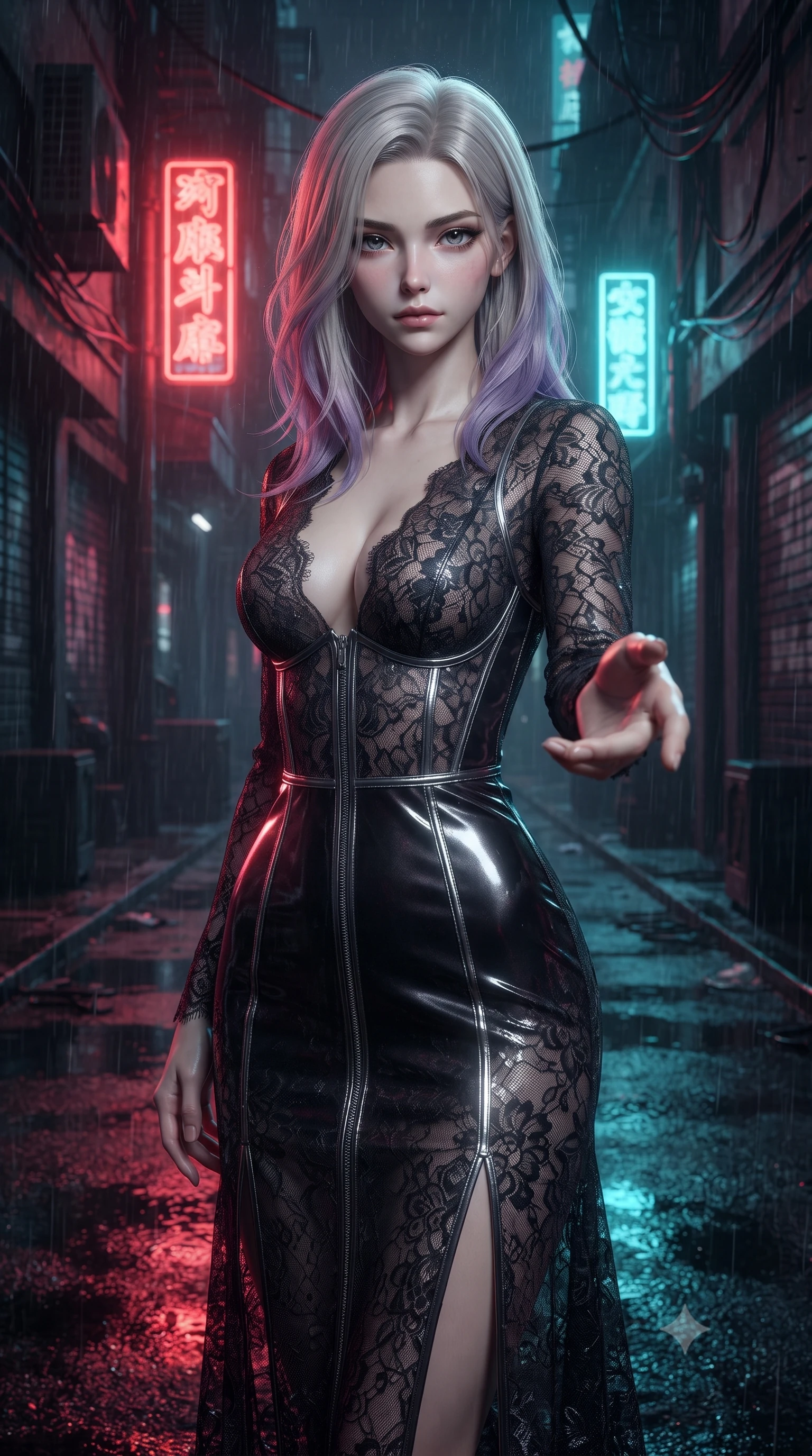 score_9, masterpiece, best quality, ultra-detailed, high-budget anime keyframe, editorial fashion photography, tasteful artistic composition, Caucasian woman. close-up cowboy shot from the waist and thighs up, the character dominates the composition, filling the frame with her large presence, background elements kept in soft focus. Reaching one hand toward the viewer with relaxed dark elegance, standing in a pitch-black high-tech cyber alleyway drenched in torrential rain, vibrant red and cyan neon reflections dancing on pitch-black wet asphalt. She has an exceptionally elegant, slender, and willowy female figure with an ultra-slim waist, a gracefully sculpted slender torso, and a refined silhouette. sharp v-shaped jawline, high-bridge nose, intricate jewel-like eyes with depth, thick eyelashes, glossy lips with a natural sheen. wearing gothic nebula sheer dark lace gown with plunging neckline in metallic dark silver, made of crushed dark silk velvet, finished with metallic silver boning and sleek zipper points, following her slender form with tailored precision. lit by sharp neon key light cutting through dense dark steam and rain. ultra-reflective glossy finish, specular highlights, metallic sheen, high-contrast stereoscopic depth, volumetric dynamic lighting, 2k, ultra detail, master piece, 9:16 ratio