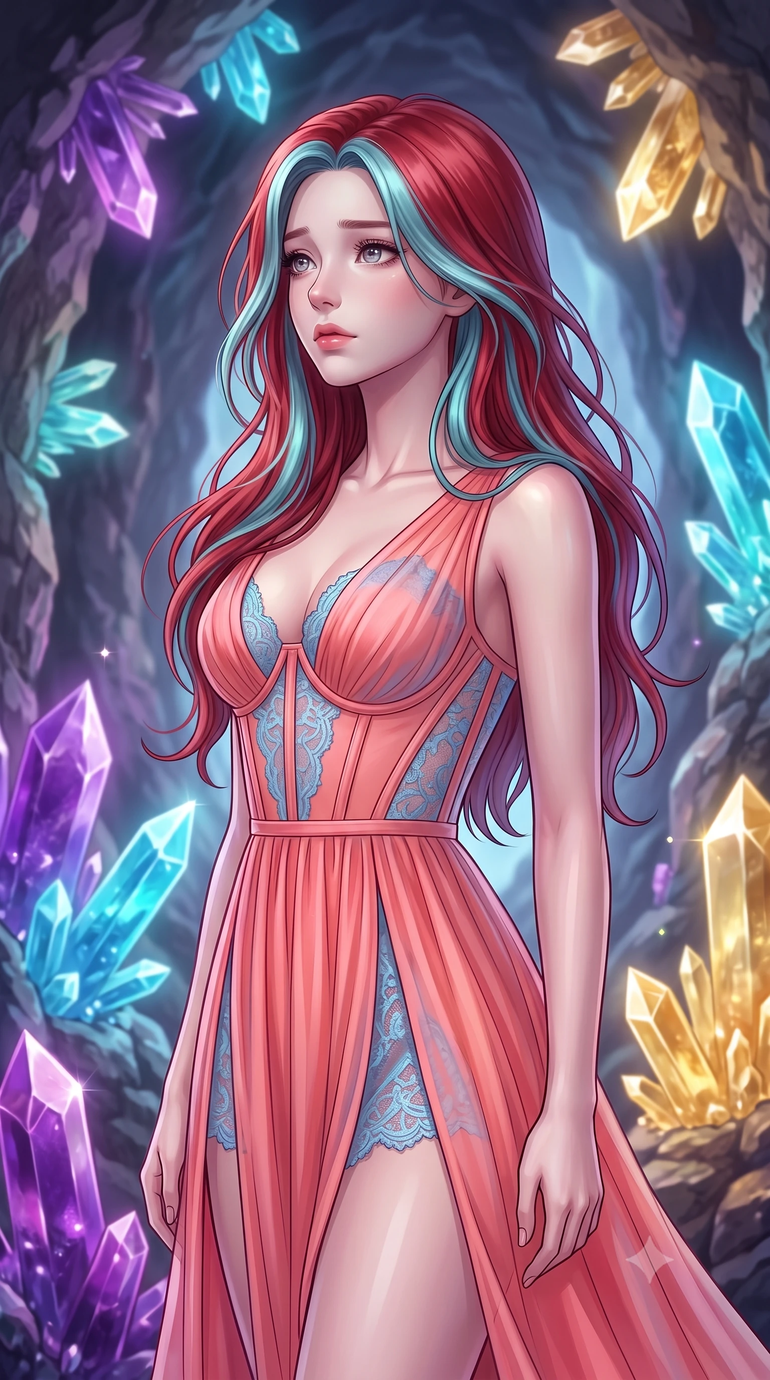 score_9, masterpiece, best quality, ultra-detailed, high-budget anime keyframe, editorial fashion photography, tasteful artistic composition, Caucasian woman, strictly human ears. close-up cowboy shot from the waist and thighs up, the character dominates the composition, filling the frame with her large presence, background elements kept in soft focus. Gazing into the distance with a wistful melancholic expression and softly glowing eyes. set against a soft-focus background of deep inside a hollowed-out asteroid whose rough stone walls are lined with enormous crystal formations in every imaginable color from deep violet amethyst to electric blue aquamarine to warm citrine gold. She has an exceptionally elegant and slender, willowy female figure with an ultra-slim waist, a gracefully sculpted slender torso, and a refined slim physique. sharp v-shaped jawline, high-bridge nose, intricate jewel-like eyes with depth, thick eyelashes, glossy lips with a natural sheen. wearing an ultra-sheer silk gown in coral pink, with sky-blue lace insets and visible structured boning throughout the bodice. the crystals themselves emit soft inner glow in their respective colors creating a rainbow cave of ambient illumination with sharp specular highlights on crystal facets. 2k, ultra detail, master piece, 9:16 ratio