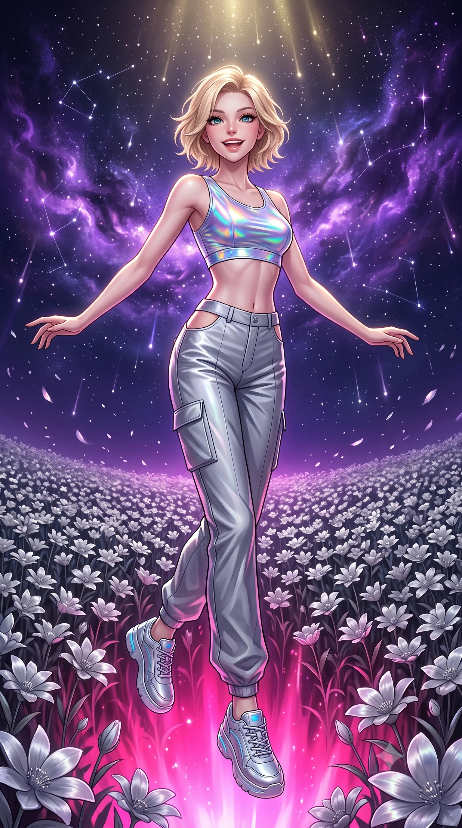 score_9, masterpiece, best quality, ultra-detailed, high-budget anime keyframe, editorial fashion photography, tasteful artistic composition, Caucasian woman, strictly human ears. low angle full-body shot from head to toe showing her feet, filling the entire 9:16 vertical frame with her statuesque presence, stretching her vertical silhouette. ascending with a radiant, excited smile through in an endless field of silver flowers swaying in the night breeze under a sky filled with glowing violet nebulae and falling stardust. She has a statuesque 8.5-heads proportion, an exceptionally tall, slender and willowy model-like build with impossibly long legs and a highly sculpted ultra-slim waist. sharp v-shaped jawline, high-bridge nose, intricate jewel-like eyes with depth, thick eyelashes, glossy lips with a natural sheen. wearing a holographic silver crop top paired with high-waisted cargo pants featuring subtle side hip cutouts. dramatic contrast of hot pink furnace glow from below and cool golden light from above. 2k, ultra detail, master piece, 9:16 ratio