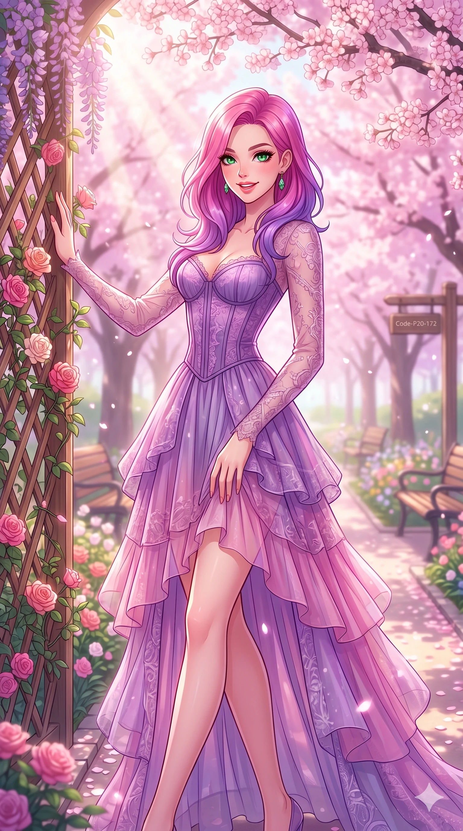 score_9, masterpiece, best quality, ultra-detailed, high-budget anime keyframe, vibrant anime aesthetic, Caucasian woman, strictly human ears. cowboy shot from the thighs up, character and outfit filling the frame for maximum presence. She is posing with a playful, lively grin, leaning one hand against a flower trellis by a spring park pathway under direct sunbeams (Code-P20-172). She has an absolutely perfect 8-heads proportion, an exceptionally tall and slender female figure with impossibly long slender legs and an ultra-slim waist. V-shaped jawline, high-bridge nose, intricate jewel-like eyes with depth, thick eyelashes, glossy lips with a natural sheen. wearing a sheer chiffon dress with a purple corset bodice. She is drenched in soft sunbeams filtering through cherry blossoms, casting a pinkish glow. 2k, ultra detail, master piece, 9:16 ratio