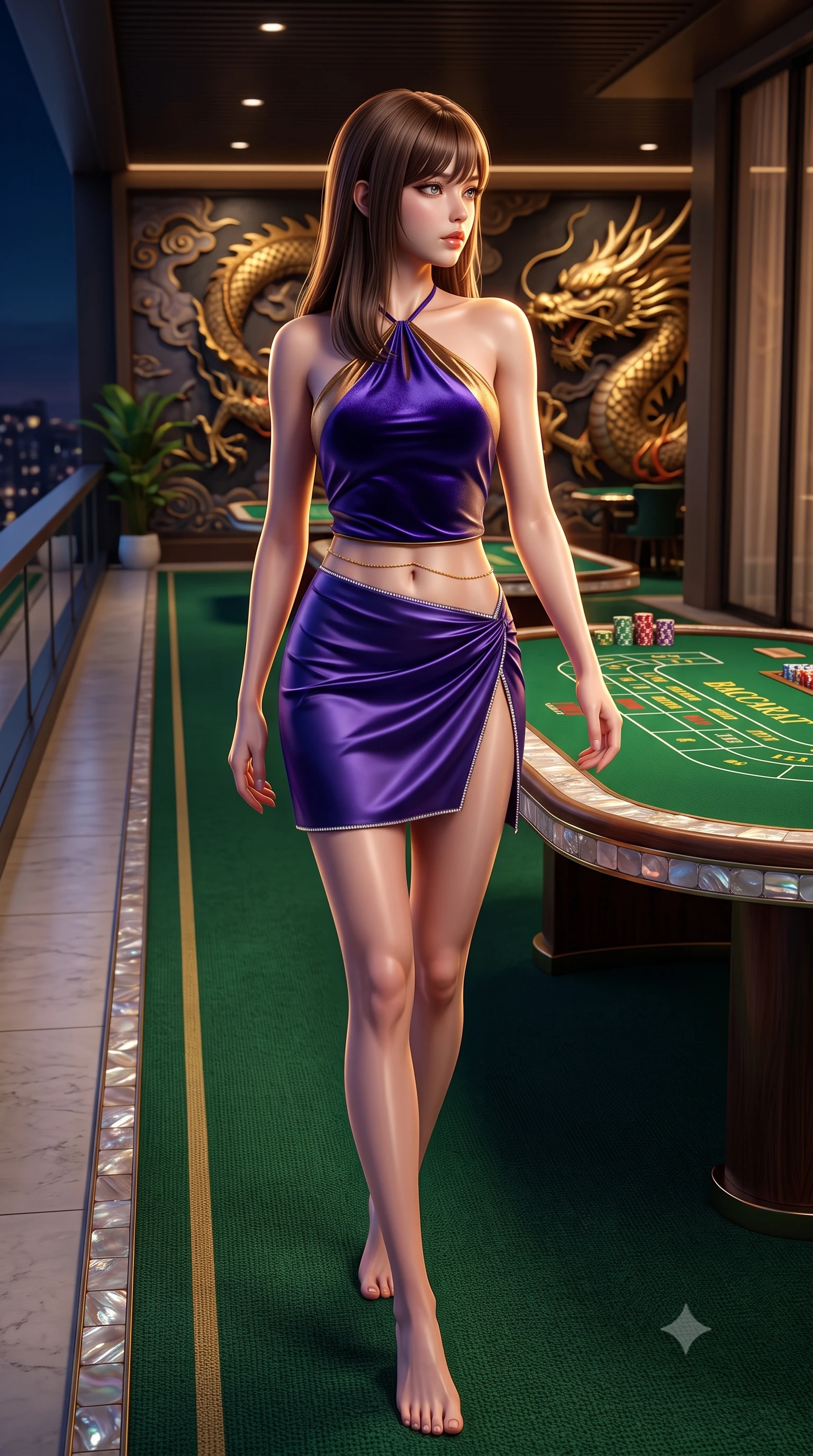score_9, masterpiece, best quality, ultra-detailed, high-budget anime keyframe, semi-realistic 3D game render, editorial fashion photography, tasteful artistic composition, Korean woman. low angle full-body shot from head to toe showing her feet, filling the entire 9:16 vertical frame with her statuesque presence, stretching her vertical silhouette. walking along the terrace with poise, looking back over her bare shoulder with an irresistible smoldering bedroom-gaze while sitting at the green baize baccarat table with hips angled back, slowly squeezing a high-value playing card with smoldering bedroom-eyes. The surrounding environment is rendered in vivid detail and crisp panoramic clarity: sharp gold-leaf scale carvings on the dragon mural, green felt table weave, and embossed mother-of-pearl plaque edges in deep focus. She has an absolutely perfect, statuesque 8.5-heads proportion, an exceptionally tall and slender model-like female figure with impossibly long slender legs, an ultra-slim waist, a flat toned midriff, narrow delicate ribcage, and beautifully sculpted feminine hips creating a graceful, slim hourglass silhouette without any bulky heaviness. sharp v-shaped jawline, high-bridge nose, sparkling eyes with hypnotic seductive depth, thick curled eyelashes, glossy parted lips with a natural dewy peach sheen, alluring bedroom-eyes with an enchanting coquettish smile, exuding magnetic siren charisma and sophisticated glamour, flawlessly proportioned anatomical accuracy, strict slender model proportions, natural body alignment, perfectly sculpted long slender limbs, ultra-slim waistline, clean dynamic posture without body distortion. wearing a liquid-tight halterneck silk camisole paired with a curve-hugging wrap sarong mini skirt with high side slit in high-roller royal purple velvet and gilded bronze with crystal trims, crafted from fluid liquid silk satin that clings smoothly to every curve with a dewy sheen, accented with a dainty gold belly chain resting across her flat midriff and curving hips, the second-skin tailored fabric adhering flawlessly to her sculpted flat midriff and slender torso, emphasizing her long leg lines and perfectly proportioned willowy build. illuminated by polished table lacquer bounce and sharp warm-gold rim lights sculpting her jawline, flat midriff, and voluptuous hip curves. highly saturated vibrant anime colors, detailed shading with soft gradients, rich glossy textures, high-contrast stereoscopic depth, volumetric dynamic lighting, master piece, 9:16 ratio