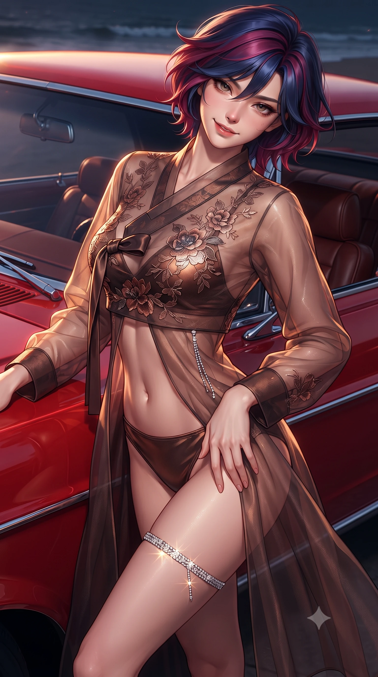 score_9, masterpiece, best quality, ultra-detailed, high-budget anime keyframe, editorial fashion photography, tasteful artistic composition, Korean woman. close-up cowboy shot from the waist and thighs up, the character dominates the composition, filling the frame with her large presence. tilting her head with a teasing half-smile, running one hand slowly down the side of her hip in a flirtatious S-curve as ambient light caresses her silhouette while twisting her slender torso in an alluring S-curve against the polished car door, coastal evening breeze fluttering her hair and skirt. The surrounding environment is rendered in vivid detail and crisp panoramic clarity: sharp red lacquer car body reflection, chrome bumper gleam, and leather seat stitching in deep focus. She has an exceptionally elegant, slender, and willowy female figure with an ultra-slim waist, flat toned midriff, narrow ribcage, and sculpted feminine hips creating an alluring, slim hourglass silhouette without bulk. sharp v-shaped jawline, high-bridge nose, sparkling eyes with hypnotic seductive depth, thick curled eyelashes, glossy parted lips with a natural dewy peach sheen, alluring bedroom-eyes with an enchanting coquettish smile, exuding magnetic siren charisma and sophisticated glamour, flawlessly proportioned anatomical accuracy, strict slender model proportions, natural body alignment, perfectly sculpted long slender limbs, ultra-slim waistline, clean dynamic posture without body distortion. wearing a provocative sheer illusion mesh jeogori with strategic embroidered silk flowers over a micro-bralette and satin briefs in sultry espresso bronze and metallic copper, made of delicate semi-sheer Korean gossamer organza with subtle pearlescent glints, accented with a delicate crystal-encrusted thigh garter strap glinting under the lights, the high-slit wrap tailoring accentuating her ultra-slim waistline and the enchanting curve of her feminine hips with alluring seductive charm. illuminated by car hood specular bounce and sharp warm-gold rim lights sculpting her jawline, flat midriff, and voluptuous hip curves. ultra-reflective glossy finish, specular highlights, rich textural contrasts, high-contrast stereoscopic depth, volumetric dynamic lighting, 2k, ultra detail, master piece, 9:16 ratio