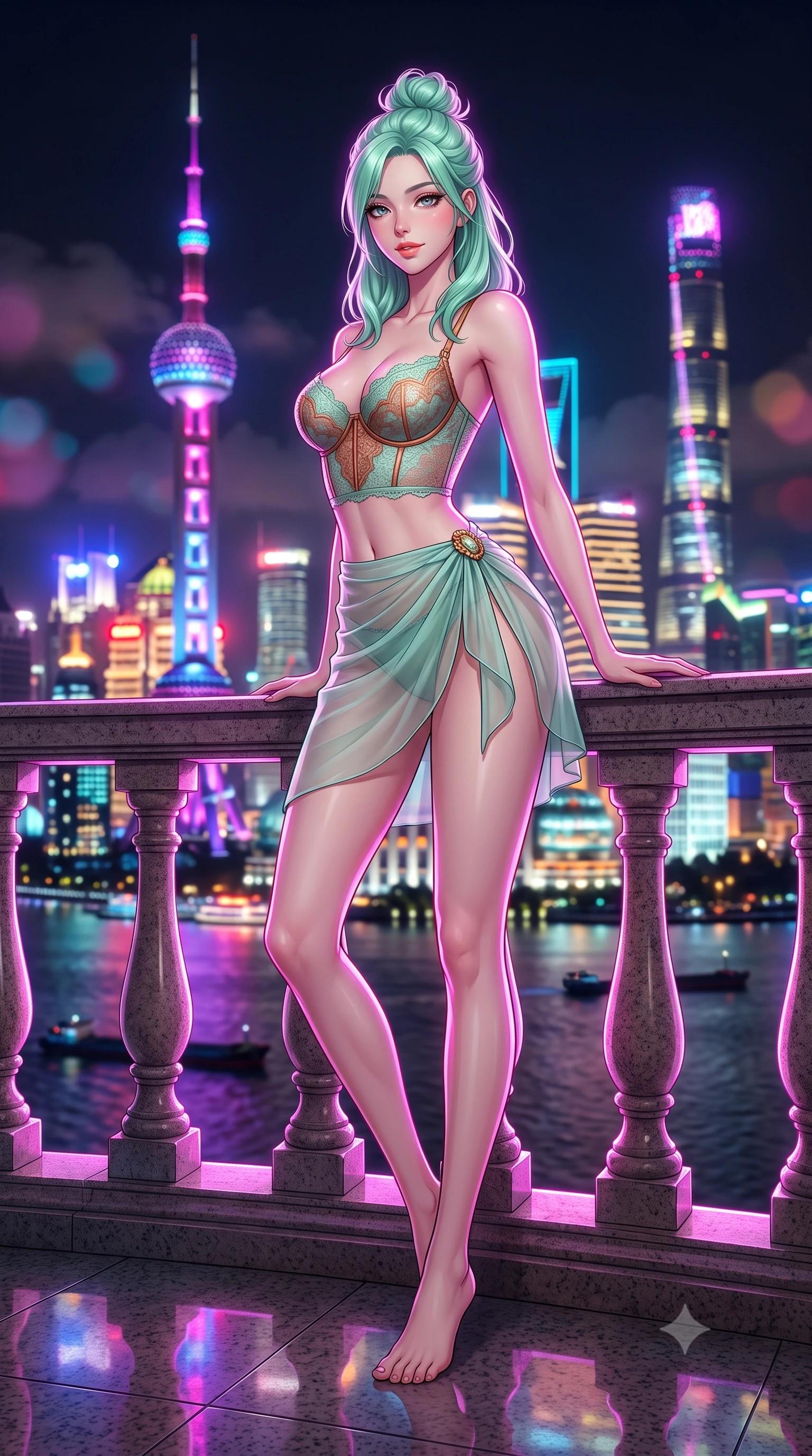 score_9, masterpiece, best quality, ultra-detailed, high-budget anime keyframe, semi-realistic 3D game render, editorial fashion photography, tasteful artistic composition, Japanese woman. low angle full-body shot from head to toe showing her feet, filling the entire 9:16 vertical frame with her statuesque presence, stretching her vertical silhouette. leaning deep against the balcony balustrade with hips cocked back in an unapologetically alluring high-fashion stance, casting an intoxicating glance while standing tall on the cantilevered granite terrace high above the Bund, arching her back with breathless siren glamour as the futuristic Pudong skyline blazes across the river. The background shows a soft-focus monumental Oriental Pearl Tower and Shanghai Tower glowing with neon animations, cruising river barges on the dark Huangpu River, and low night clouds blurred into magenta, cyan, and amber bokeh. She has an absolutely perfect, statuesque 8.5-heads proportion, an exceptionally tall and slender model-like female figure with impossibly long slender legs, an ultra-slim waist, a flat toned midriff, narrow delicate ribcage, and beautifully sculpted feminine hips creating a graceful, slim hourglass silhouette without any bulky heaviness. sharp v-shaped jawline, high-bridge nose, sparkling eyes with hypnotic seductive depth, thick curled eyelashes, glossy parted lips with a natural dewy peach sheen, alluring bedroom-eyes with an enchanting coquettish smile, exuding magnetic siren charisma and sophisticated glamour, flawlessly proportioned anatomical accuracy, strict slender model proportions, natural body alignment, perfectly sculpted long slender limbs, ultra-slim waistline, clean dynamic posture without body distortion. wearing a delicate French lace underwire bustier paired with a draped sheer chiffon wrap mini skirt and gold hip brooch in Moroccan mint green and hammered copper, made of sheer gossamer chiffon that drapes softly against skin with airy translucence, finished with delicate crystal-encrusted thigh garter straps glinting in the dim light, the liquid-tight tailored fabric clinging flawlessly to her narrow waist and rounded feminine hips, emphasizing every millimeter of her sculpted slim hourglass curves without any bulky heaviness. illuminated by polished granite reflection fill and sharp electric-magenta rim lights sculpting her razor-sharp jawline, narrow waist, and curvy hips. highly saturated vibrant anime colors, detailed shading with soft gradients, rich glossy textures, high-contrast stereoscopic depth, volumetric dynamic lighting, master piece, 9:16 ratio