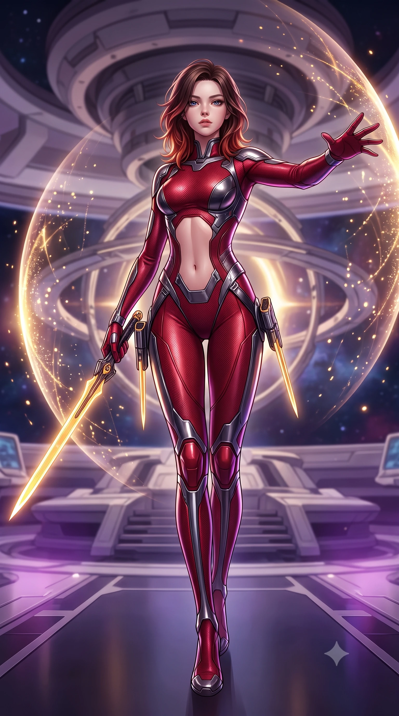 score_9, masterpiece, best quality, ultra-detailed, high-budget anime keyframe, semi-realistic 3D game render, editorial fashion photography, tasteful artistic composition, Korean woman. low angle full-body shot from head to toe showing her feet, filling the entire 9:16 vertical frame with her statuesque presence, stretching her vertical silhouette. striding forward with commanding supermodel grace, weapon held at the ready, her 8.5-heads statuesque silhouette dominating the vertical frame from head to toe while pivoting dynamically in zero-gravity with arms outstretched as the translucent energy shields pulse with golden particle light. The composition keeps background elements in soft focus with creamy bokeh. gravitational containment rings and starship bridge architecture softened in smooth cosmic depth. She has an absolutely perfect, statuesque 8.5-heads proportion, an exceptionally tall and slender model-like female figure with impossibly long slender legs, a toned flat midriff, and an ultra-slim waist. sharp v-shaped jawline, high-bridge nose, intricate jewel-like eyes with depth, thick eyelashes, glossy lips with a natural sheen, flawlessly proportioned anatomical accuracy, strict slender model proportions, natural body alignment, perfectly sculpted long slender limbs, ultra-slim waistline, clean dynamic posture without body distortion. wearing a skin-tight crimson carbon-weave combat leotard with metallic dark chrome plating and hip-accentuating cutouts, holding twin glowing high-frequency vibro-blades with effortless supermodel poise in arctic white carbon composite with radiant solar gold plating, made of lightweight aerodynamic carbon-titanium alloy with polished edge bevels, detailed with magnetic weapon holsters and polished chrome connection clasps, the precision-cut daring openings accentuating her delicate midriff, graceful bare collarbones, and ultra-slim feminine waistline. bathed in radiant golden singularity accretion glow and saturated violet gravitational field uplights. rich saturated anime colors with glowing neon highlights, detailed shading with soft gradients, rich glossy textures, high-contrast stereoscopic depth, volumetric dynamic lighting, master piece, 9:16 ratio
