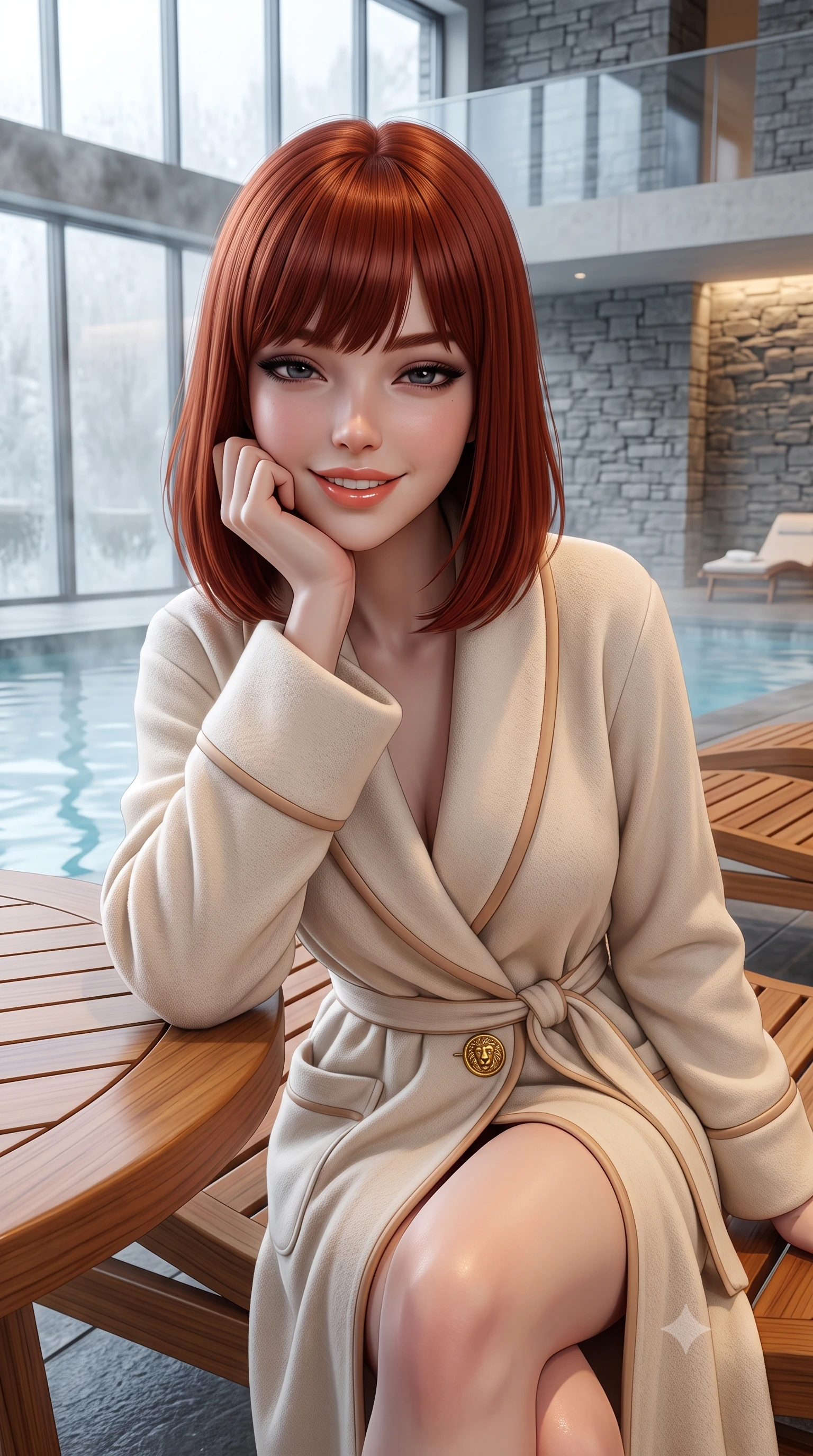 score_9, masterpiece, best quality, ultra-detailed, high-budget anime keyframe, semi-realistic 3D game render, editorial fashion photography, tasteful artistic composition, Caucasian woman. close-up cowboy shot from the waist and thighs up, the character dominates the composition, filling the frame with her large presence. resting one elbow on the table and supporting her chin, leaning close to the camera with heavy-lidded sparkling eyes and parted lips while sitting gracefully on an ergonomic teak chaise lounge beside the thermal relaxation pool, wrapped in a plush cashmere robe coat with quiet luxury. The surrounding environment is rendered in vivid detail and crisp panoramic clarity: detailed belted cashmere robe coat tailoring, silk piping borders, and master Swiss spa architecture in razor-sharp precision. She has an exceptionally elegant, slender, and willowy female figure with an ultra-slim waist, flat toned midriff, narrow ribcage, and sculpted feminine hips creating an alluring, slim hourglass silhouette without bulk. sharp v-shaped jawline, high-bridge nose, intricate jewel-like sparkling eyes with depth, thick eyelashes, glossy parted lips with a natural peach sheen, bright cheerful beaming smile with an enchanting and coquettish sensual glint, exuding both youthful cute charm and seductive allure, flawlessly proportioned anatomical accuracy, strict slender model proportions, natural body alignment, perfectly sculpted long slender limbs, ultra-slim waistline, clean dynamic posture without body distortion. wearing a sleek Prince of Wales check tailored vest bodice hugging her torso, paired with matching ultra-high-rise cigarette trousers in soft champagne ivory and warm biscuit beige, tailored from stretch wool crepe providing structured compression and razor-sharp bodycon lines, accented with an ornate 24k gold lion-embossed crest button along the snug front closure, the snug waist-cinching tailoring accentuating her ultra-slim waistline and the enchanting curve of her feminine hips with alluring seductive charm. bathed in calm diffused winter daylight filtering through steamy glass panes combined with warm 2800K recessed floor lights. highly saturated vibrant anime colors, detailed shading with soft gradients, rich glossy textures, high-contrast stereoscopic depth, volumetric dynamic lighting, master piece, 9:16 ratio