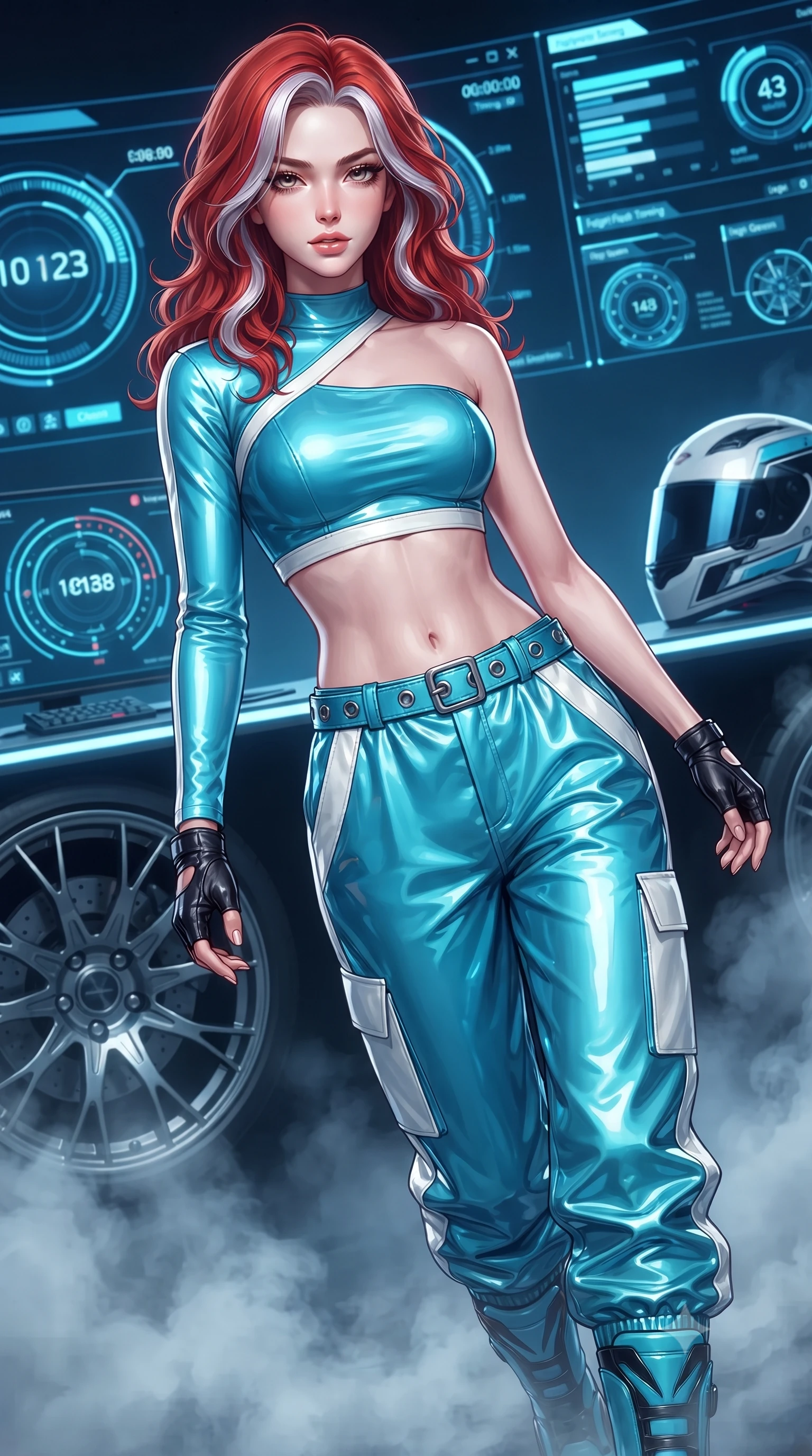 score_9, masterpiece, best quality, ultra-detailed, high-budget anime keyframe, editorial fashion photography, tasteful artistic composition, Caucasian woman. close-up cowboy shot from the waist and thighs up, the character dominates the composition, filling the frame with her large presence. leaning back with relaxed seductive grace, her sculpted collarbones highlighted by light, casting smoldering bedroom-eyes directly into the lens while stepping forward with proud runway strides amidst rising tire smoke, her statuesque vertical presence commanding the frame. The surrounding environment is rendered in vivid detail and crisp panoramic clarity. detailed holographic timing displays, alloy wheel spokes, and high-tech racing helmet in high clarity. She has an exceptionally elegant, slender, and willowy female figure with an ultra-slim waist, a gracefully sculpted slender torso, toned flat midriff, and a refined slim silhouette. sharp v-shaped jawline, high-bridge nose, intricate jewel-like eyes with depth, thick eyelashes, glossy parted lips with a natural sheen, intensely captivating and seductive expression, flawlessly proportioned anatomical accuracy, strict slender model proportions, natural body alignment, perfectly sculpted long slender limbs, ultra-slim waistline, clean dynamic posture without body distortion. wearing an asymmetric single-sleeve moto crop top paired with baggy metallic parachute trousers and grommet belt in racing aqua blue and stark white, tailored from high-gloss patent vinyl with sharp specular chiaroscuro, accessorized with bold platform racing boots and fingerless leather gloves, the athletic second-skin cut highlighting her toned flat midriff and slender model proportions during dynamic action. illuminated by crisp directional rim lighting sharply defining her razor-sharp jawline and feminine curves. ultra-reflective glossy finish, specular highlights, rich textural contrasts, high-contrast stereoscopic depth, volumetric dynamic lighting, 2k, ultra detail, master piece, 9:16 ratio
