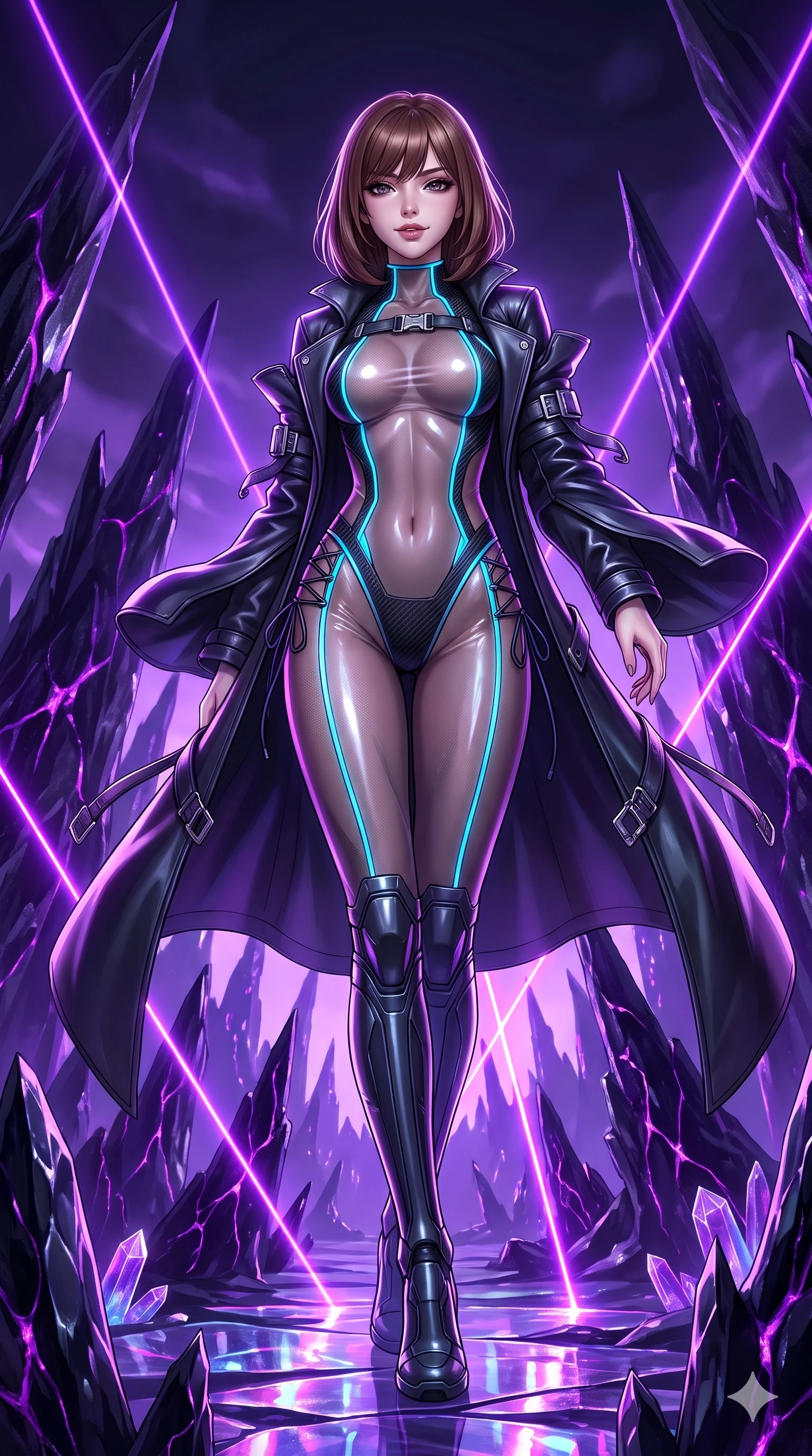 score_9, masterpiece, best quality, ultra-detailed, high-budget anime keyframe, semi-realistic 3D game render, editorial fashion photography, tasteful artistic composition, Caucasian woman. low angle full-body shot from head to toe showing her feet, filling the entire 9:16 vertical frame with her statuesque presence, stretching her vertical silhouette. stepping forward into the sharp laser beam, her long slender legs and curvy hips creating a sweeping vertical line while twisting her slender torso in an alluring S-curve between jagged obsidian spires, purple bioluminescence illuminating her flat midriff and hips. The surrounding environment is rendered in vivid detail and crisp panoramic clarity: detailed structured dark leather coat drape, titanium buckle clasps, and geometric mineral formations in razor-sharp precision. She has an absolutely perfect, statuesque 8.5-heads proportion, an exceptionally tall and slender model-like female figure with impossibly long slender legs, an ultra-slim waist, a flat toned midriff, narrow delicate ribcage, and beautifully sculpted feminine hips creating a graceful, slim hourglass silhouette without any bulky heaviness. sharp v-shaped jawline, high-bridge nose, intricate jewel-like dark sparkling eyes with hypnotic seductive depth, thick curled eyelashes, glossy parted lips with a natural wine sheen, alluring bedroom-eyes with an enigmatic smoldering smile, exuding magnetic sovereign charisma and dark avant-garde glamour, flawlessly proportioned anatomical accuracy, strict slender model proportions, natural body alignment, perfectly sculpted long slender limbs, ultra-slim waistline, clean dynamic posture without body distortion. wearing a delicate semi-translucent wet-look mesh bodysuit clinging sheerly to her sculpted torso and hip curves in neon cyan edge-glow and dark carbon black, woven from matte carbon-fiber weave with high-tech structural hold, featuring fine criss-cross lace-up side ties revealing tantalizing glimpses of her hip curve, the bespoke structured tailoring following the natural line of her 8.5-heads silhouette with refined elegance. illuminated by crystalline floor bounce and sharp amethyst-violet rim lights defining her razor-sharp jawline, narrow waist, and curvy hips. highly saturated vibrant anime colors, detailed shading with soft gradients, rich glossy textures, high-contrast stereoscopic depth, volumetric dynamic lighting, master piece, 9:16 ratio
