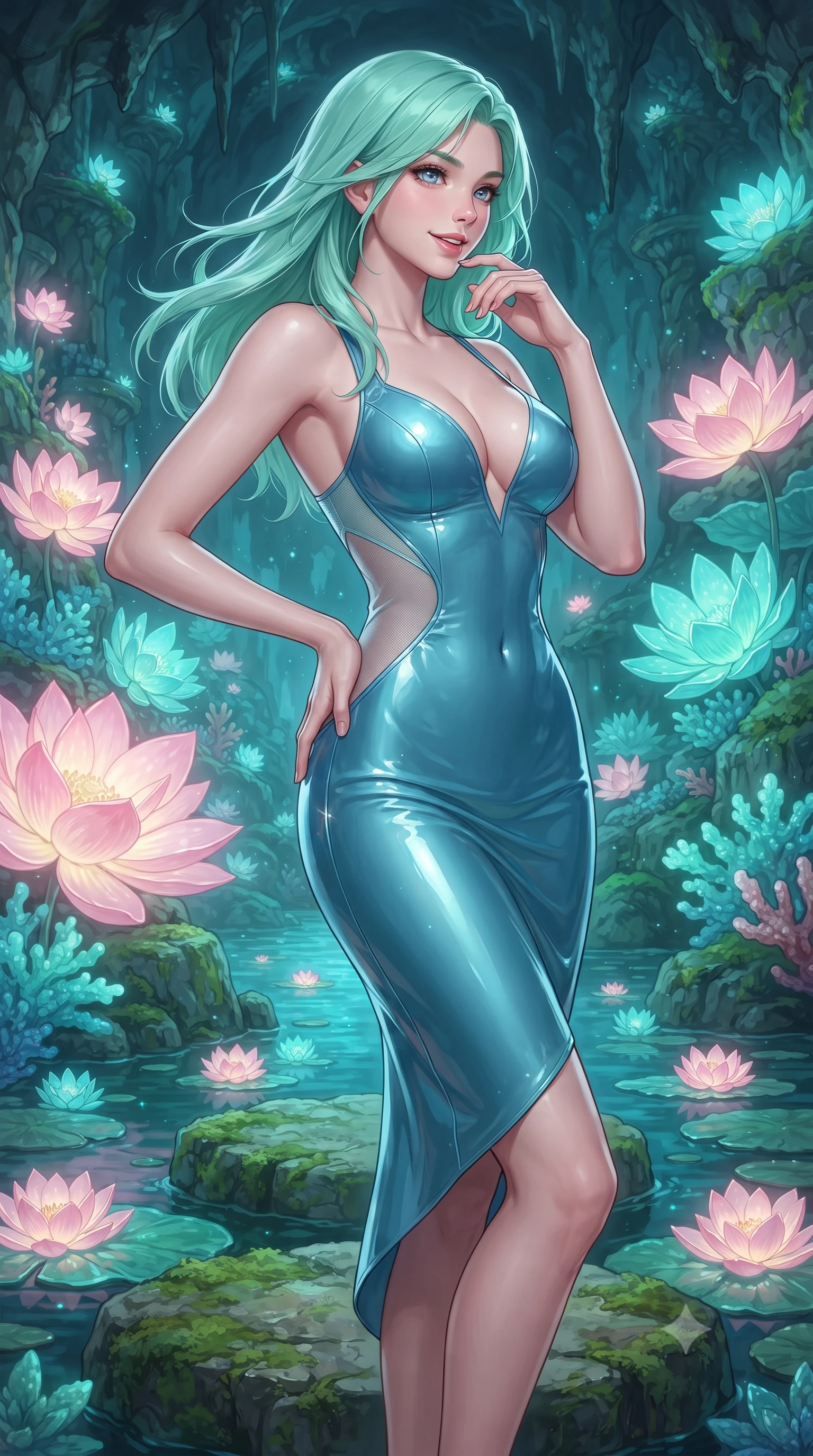 score_9, masterpiece, best quality, ultra-detailed, high-budget anime keyframe, editorial fashion photography, tasteful artistic composition, Japanese woman. close-up cowboy shot from the waist and thighs up, the character dominates the composition, filling the frame with her large presence. turning slowly with an enchanting smoldering smile, her glossy hair tossing in the breeze as her hips angle gracefully in a captivating contrapposto while standing poised on the limestone stepping stone amidst the subterranean lagoon, arching her lower back with siren elegance as giant bioluminescent lotus blossoms glow on the water surface. The surrounding environment is rendered in vivid detail and crisp panoramic clarity: detailed garment cut, form-fitting bodycon or wet cling lines, and pristine subterranean natural architecture in razor-sharp precision. She has an exceptionally elegant, slender, and willowy female figure with an ultra-slim waist, flat toned midriff, narrow ribcage, and sculpted feminine hips creating an alluring, slim hourglass silhouette without bulk. sharp v-shaped jawline, high-bridge nose, intricate jewel-like sparkling eyes with depth, thick eyelashes, glossy parted lips with a natural peach sheen, bright cheerful beaming smile with an enchanting and coquettish sensual glint, exuding both youthful cute charm and seductive allure, flawlessly proportioned anatomical accuracy, strict slender model proportions, natural body alignment, perfectly sculpted long slender limbs, ultra-slim waistline, clean dynamic posture without body distortion. wearing an alluring plunging sweetheart bodice dress with sheer mesh side-waist cutouts contouring her ribs in glacial aurora cyan and starlight silver, tailored from high-gloss patent leather with mirror-like specular highlights, complemented by strappy stiletto sandals with metallic ankle wraps accentuating her slender calves, the impeccably tailored cut draping gracefully along her slender figure with aristocratic poise. bathed in the ethereal natural fluorescence of living turquoise corals mixed with the soft pink radiance of glowing lotuses. ultra-reflective glossy finish, specular highlights, rich textural contrasts, high-contrast stereoscopic depth, volumetric dynamic lighting, 2k, ultra detail, master piece, 9:16 ratio
