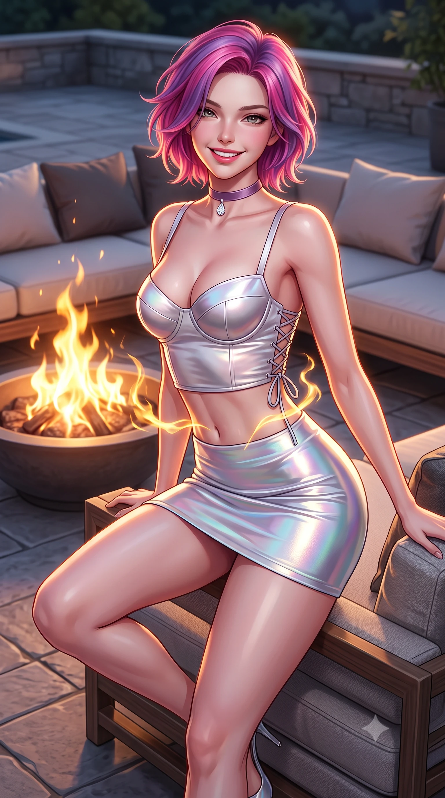 score_9, masterpiece, best quality, ultra-detailed, high-budget anime keyframe, semi-realistic 3D game render, editorial fashion photography, tasteful artistic composition, Caucasian woman. close-up cowboy shot from the waist and thighs up, the character dominates the composition, filling the frame with her large presence. perched sideways on the lounge seat, one knee drawn up to showcase her slender leg line while her arched back accentuates her feminine hip curve while twisting her slender torso in an alluring contrapposto stance beside the terrace fire bowl, golden flame ribbons tracing her narrow waist and hips. The surrounding environment is rendered in vivid detail and crisp panoramic clarity: detailed garment cut, bodycon fit, and breathtaking gorge engineering in high resolution. She has an exceptionally elegant, slender, and willowy female figure with an ultra-slim waist, flat toned midriff, narrow ribcage, and sculpted feminine hips creating an alluring, slim hourglass silhouette without bulk. sharp v-shaped jawline, high-bridge nose, intricate jewel-like sparkling eyes with depth, thick eyelashes, glossy parted lips with a natural peach sheen, bright cheerful beaming smile with an enchanting and coquettish sensual glint, exuding both youthful cute charm and seductive allure, flawlessly proportioned anatomical accuracy, strict slender model proportions, natural body alignment, perfectly sculpted long slender limbs, ultra-slim waistline, clean dynamic posture without body distortion. wearing a sculpted satin underwire crop bustier with lace-up side ties paired with a micro skirt in liquid molten silver and iridescent mother-of-pearl, made of fluid liquid jersey with seamless sculpting hold and smooth contours, finished with a thin velvet ribbon choker and a single teardrop diamond pendant, the second-skin tailored fabric adhering flawlessly to her sculpted flat midriff and slender torso, emphasizing her long leg lines and perfectly proportioned willowy build. illuminated by stone deck bounce and sharp copper-gold rim lights sculpting her jawline, narrow waist, and curvy hips. highly saturated vibrant anime colors, detailed shading with soft gradients, rich glossy textures, high-contrast stereoscopic depth, volumetric dynamic lighting, master piece, 9:16 ratio