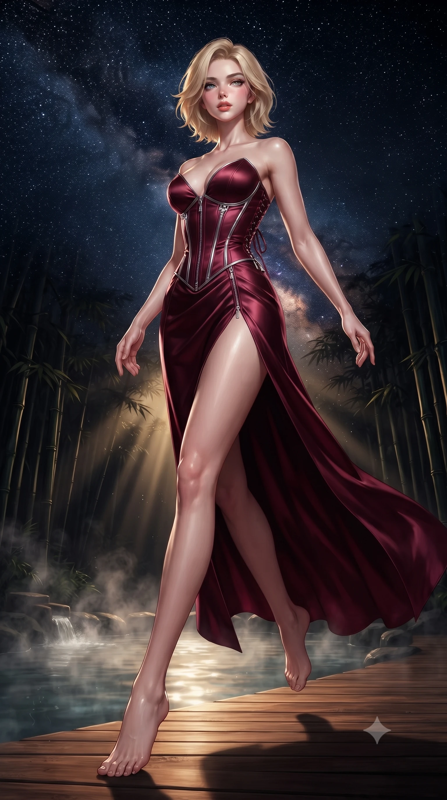 score_9, masterpiece, best quality, ultra-detailed, high-budget anime keyframe, editorial fashion photography, tasteful artistic composition, Caucasian woman. low angle full-body shot from head to toe showing her feet, filling the entire 9:16 vertical frame with her statuesque presence, stretching her vertical silhouette. leaping dynamically through the starry space, her posture full of power and elegance, stepping gracefully onto a warm cedar walkway surrounded by steaming thermal water, dewy natural skin finish with glossy lips and thick eyelashes. She has an absolutely perfect, statuesque 8.5-heads proportion, an exceptionally tall and slender model-like female figure with impossibly long slender legs and an ultra-slim waist. sharp v-shaped jawline, high-bridge nose, intricate jewel-like eyes with depth, thick eyelashes, glossy lips with a natural sheen. wearing low-cut gothic structured bodice gown with high leg slit in deep crimson burgundy, made of soft crimson satin, finished with metallic silver boning and sleek zipper points, contouring every curve with an exceptionally elegant silhouette. lit by low-key golden rays piercing through dark bamboo shadows. ultra-reflective glossy finish, specular highlights, metallic sheen, high-contrast stereoscopic depth, volumetric dynamic lighting, 2k, ultra detail, master piece, 9:16 ratio