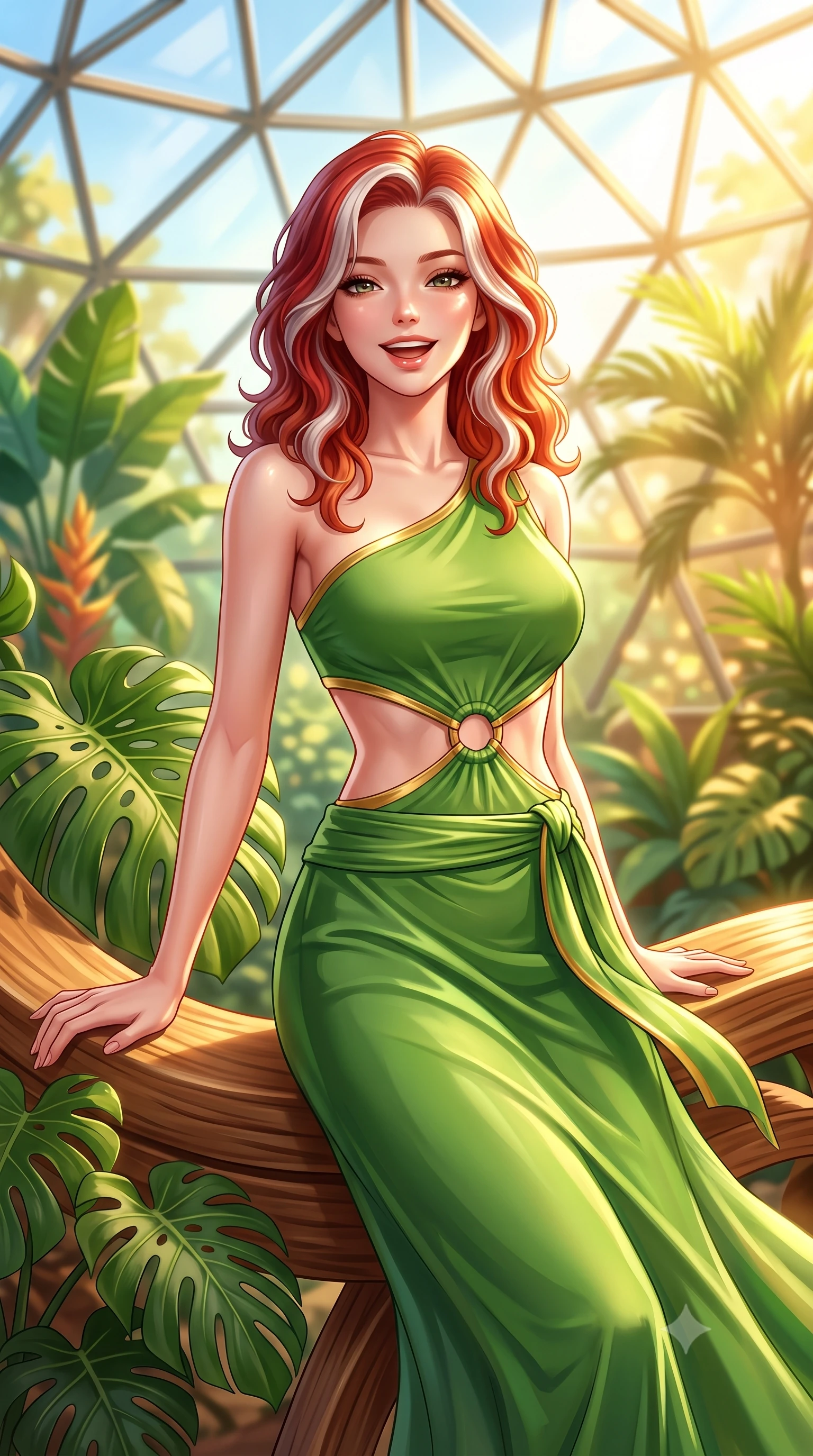 score_9, masterpiece, best quality, ultra-detailed, high-budget anime keyframe, semi-realistic 3D game render, editorial fashion photography, tasteful artistic composition, Caucasian woman. close-up cowboy shot from the waist and thighs up, the character dominates the composition, filling the frame with her large presence. laughing softly with enchanting, forbidden warmth, parted lips glistening as specular highlights illuminate her sculpted cheeks while leaning back against sculpted ergonomic teak furniture surrounded by giant monstera leaves, smiling with radiant warmth. The composition keeps background elements in soft focus with creamy bokeh. geometric solar dome facets and lush exotic tropical foliage blurred into radiant emerald, lime, and warm honey bokeh. She has an exceptionally elegant, slender, and willowy female figure with an ultra-slim waist, a gracefully sculpted slender torso, toned flat midriff, and a refined slim silhouette. sharp v-shaped jawline, high-bridge nose, intricate jewel-like eyes with depth, thick eyelashes, glossy parted lips with a natural sheen, intensely captivating and seductive expression, flawlessly proportioned anatomical accuracy, strict slender model proportions, natural body alignment, perfectly sculpted long slender limbs, ultra-slim waistline, clean dynamic posture without body distortion. wearing a modern goddess one-shoulder liquid-knit gown with an exposed midriff ring cutout in fresh palm green and liquid gold trim, made of liquid bamboo jersey adhering seamlessly to her slender frame, accented with a wide sash belt cinching her impossibly narrow waist, the breezy yet form-flattering drape swaying gracefully with her steps, accentuating her long willowy limbs and ultra-slim waistline. bathed in glorious golden hour sunlight streaming through the solar glass ceiling. highly saturated vibrant anime colors, detailed shading with soft gradients, rich glossy textures, high-contrast stereoscopic depth, volumetric dynamic lighting, master piece, 9:16 ratio