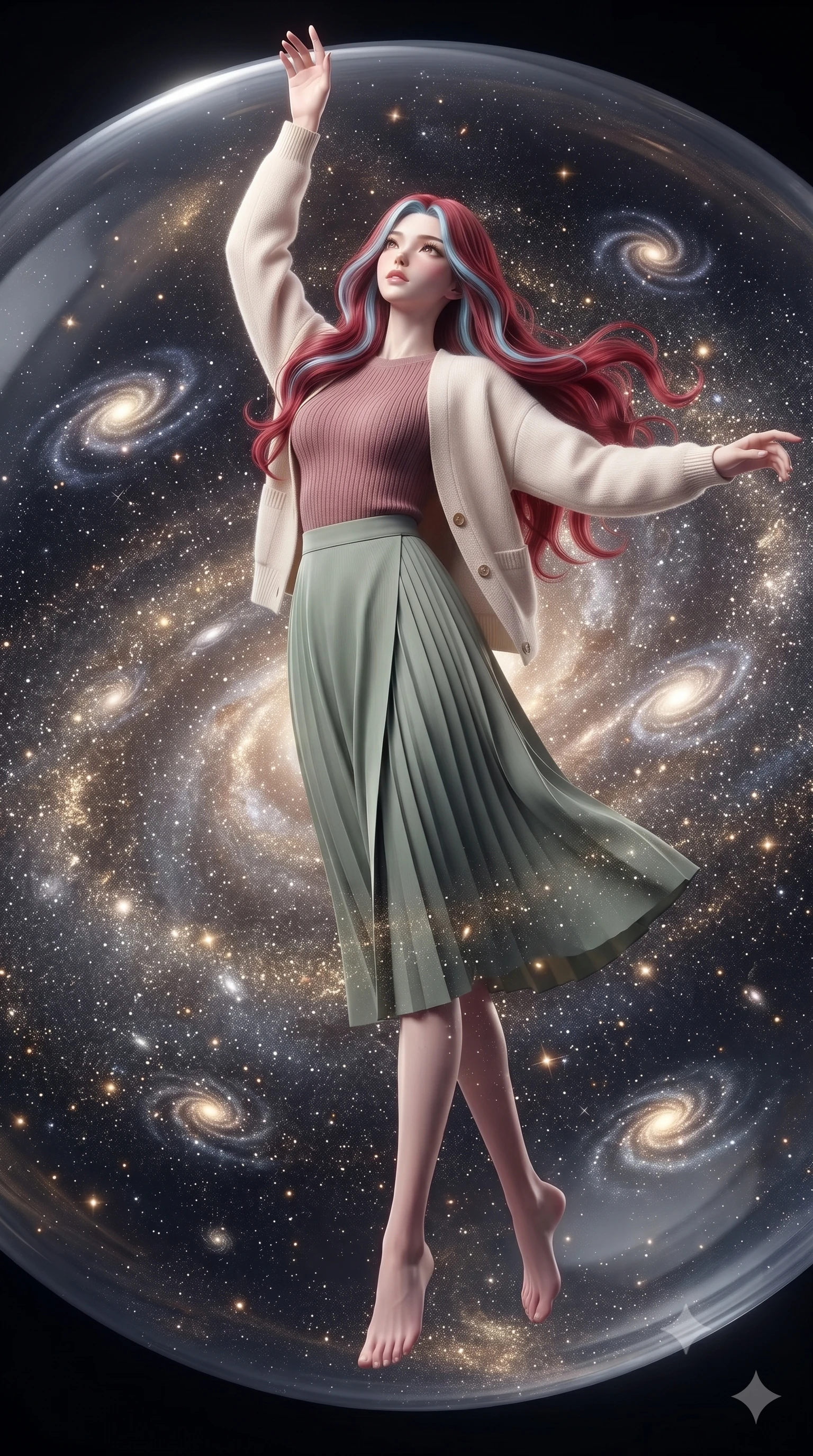 score_9, masterpiece, best quality, ultra-detailed, high-budget anime keyframe, editorial fashion photography, tasteful artistic composition, Caucasian woman, strictly human ears. low angle full-body shot from head to toe showing her feet, filling the entire 9:16 vertical frame with her statuesque presence, stretching her vertical silhouette. ascending with powerful grace through floating inside a giant transparent sphere where cosmic dust swirls like snow in slow-motion currents and miniature spiral galaxies spontaneously form and dissolve in the glittering cosmic medium. She has a statuesque 8.5-heads proportion, an exceptionally tall, slender and willowy model-like build with impossibly long legs and a highly sculpted ultra-slim waist. sharp v-shaped jawline, high-bridge nose, intricate jewel-like eyes with depth, thick eyelashes, glossy lips with a natural sheen. wearing a dusty rose ribbed knit top layered under a cream wool cardigan, paired with a sage green pleated wrap midi skirt. soft omnidirectional glow from the cosmic dust particles themselves in warm gold and cool silver with miniature galaxy cores providing bright pinpoint accents. 2k, ultra detail, master piece, 9:16 ratio