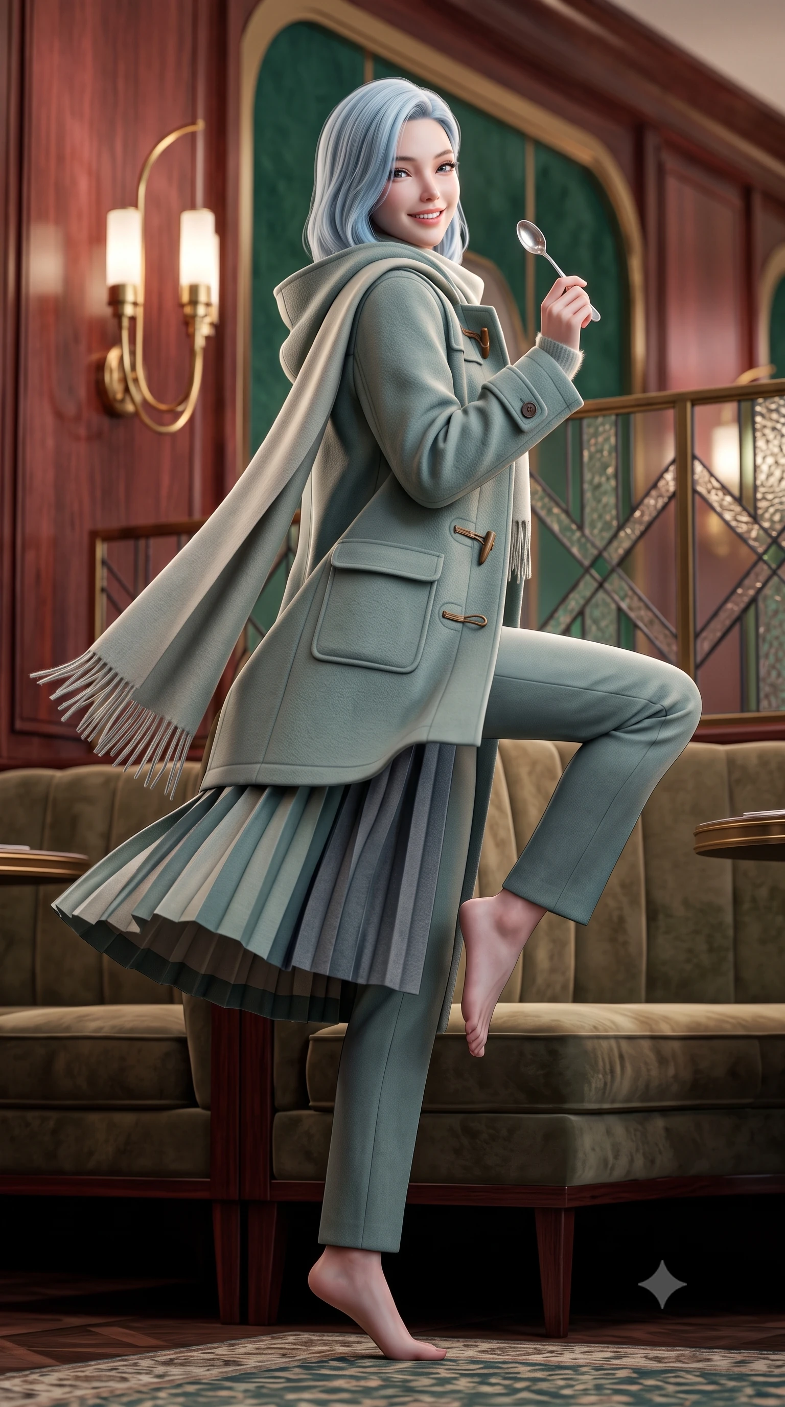score_9, masterpiece, best quality, ultra-detailed, high-budget anime keyframe, semi-realistic 3D game render, editorial fashion photography, tasteful artistic composition, Korean woman. low angle full-body shot from head to toe showing her feet, filling the entire 9:16 vertical frame with her statuesque presence, stretching her vertical silhouette. executing an elegant pivot turn as the hem of her pleated wool skirt sways rhythmically, glancing back with joyful radiance while perched gracefully on the edge of the velvet banquette, holding a silver dessert spoon with playful, charming elegance. The background shows a soft-focus curved brass Art Deco light sconces, geometric leaded glass screens, and polished rosewood walls blurred into emerald, brass, and rosewood bokeh. She has an exceptionally tall and slender model-like 8.5-heads proportion, an ultra-slim waist, a flat toned midriff, narrow delicate ribcage, and beautifully sculpted feminine hips creating a graceful, slim hourglass silhouette without any bulky heaviness, with impossibly long slender legs. sharp v-shaped jawline, high-bridge nose, intricate jewel-like sparkling eyes with depth, thick eyelashes, glossy parted lips with a natural peach sheen, bright cheerful beaming smile with an enchanting and coquettish sensual glint, exuding both youthful cute charm and seductive allure, flawlessly proportioned anatomical accuracy, strict slender model proportions, natural body alignment, perfectly sculpted long slender limbs, ultra-slim waistline, clean dynamic posture without body distortion. wearing a structured boiled-wool duffle coat with horn toggles over a soft alpaca sweater and tailored wool slacks in misty Arashiyama bamboo green and slate grey, tailored from heavyweight double-faced wool with clean architectural edges, accented with a wide brushed cashmere fringe scarf draped elegantly over one shoulder, the streamlined silhouette following her natural slender proportions with sophisticated poise, enhancing her tall willowy presence. illuminated by rosewood wall and brass reflection bounce with crisp champagne rim lights defining her cheekbones and slender waist. highly saturated vibrant anime colors, detailed shading with soft gradients, rich glossy textures, high-contrast stereoscopic depth, volumetric dynamic lighting, master piece, 9:16 ratio