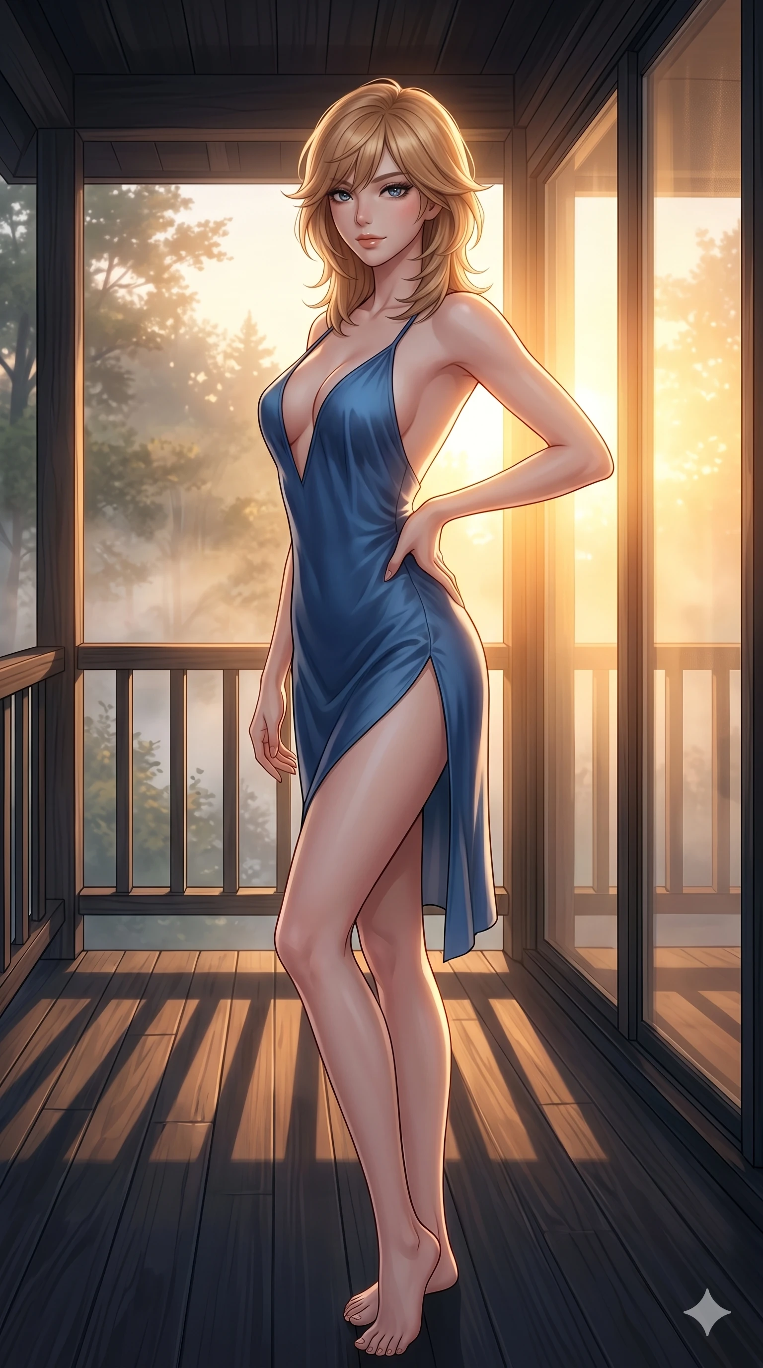score_9, masterpiece, best quality, ultra-detailed, high-budget anime keyframe, editorial fashion photography, tasteful artistic composition, Korean woman. cowboy shot from the thighs up, character and outfit filling the frame for maximum editorial presence. resting one hand on the curve of her hip, arching her back gracefully with a confident, bedroom-eyes smile on a secluded wooden sun-terrace of a forest cabin at dawn with morning mist rising (Code-P053). She has an absolutely perfect 8-heads proportion, an exceptionally tall and slender female figure with impossibly long slender legs and an ultra-slim waist. V-shaped jawline, high-bridge nose, intricate jewel-like eyes with depth, thick eyelashes, glossy lips with a natural sheen. wearing a lightweight blue silk slip dress with an ultra-deep plunging neckline and a high side slit. bathed in warm, golden sunset light pouring through the windows, casting a warm glowing aura over her. 2k, ultra detail, master piece, 9:16 ratio