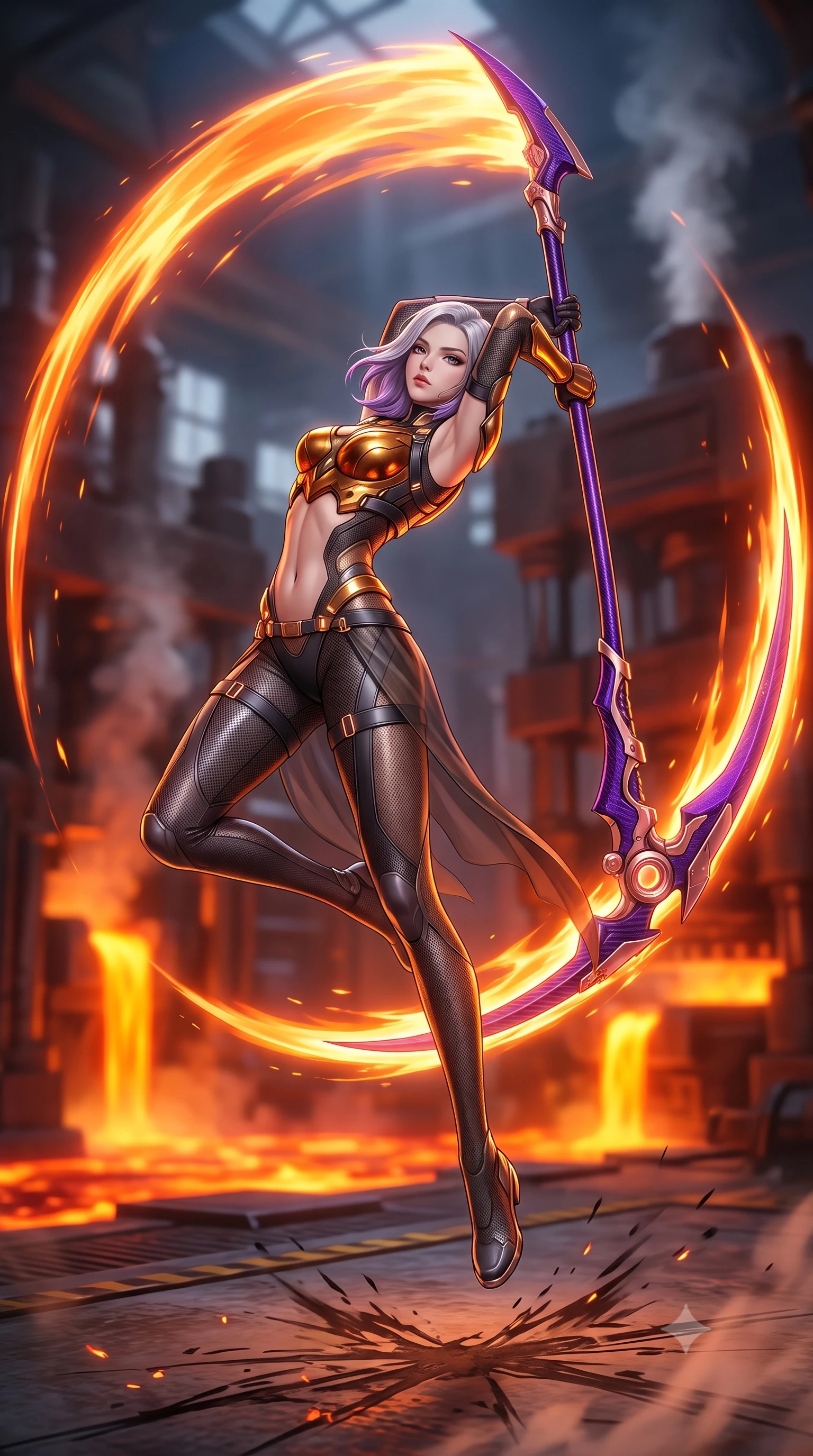 score_9, masterpiece, best quality, ultra-detailed, high-budget anime keyframe, semi-realistic 3D game render, editorial fashion photography, tasteful artistic composition, Caucasian woman. low angle full-body shot from head to toe showing her feet, filling the entire 9:16 vertical frame with her statuesque presence, stretching her vertical silhouette. arching her back gracefully in mid-air during a dynamic combat vault, her weapon energy trail framing her statuesque presence while pivoting dynamically in a sweeping spin as the molten-orange plasma scythe blade leaves a blazing crescent of light in mid-air. The composition keeps background elements in soft focus with creamy bokeh. massive industrial forge hydraulic presses and steam vents softened in atmospheric shallow focus. She has an absolutely perfect, statuesque 8.5-heads proportion, an exceptionally tall and slender model-like female figure with impossibly long slender legs, a toned flat midriff, and an ultra-slim waist. sharp v-shaped jawline, high-bridge nose, intricate jewel-like eyes with depth, thick eyelashes, glossy lips with a natural sheen, flawlessly proportioned anatomical accuracy, strict slender model proportions, natural body alignment, perfectly sculpted long slender limbs, ultra-slim waistline, clean dynamic posture without body distortion. wearing a sculpted molten-gold and dark carbon cuirass paired with high-mobility combat leggings and sheer side drapes, wielding a glowing plasma energy scythe with fluid grace in royal purple carbon fiber with rose-gold hardware and clasps, tailored from flexible second-skin carbon-mesh that clings flawlessly to her athletic curves, reinforced by a sleek titanium tactical harness and glowing micro-energy straps, the glove-like aerodynamic second-skin fit tightly clinging to her ultra-slender waist and athletic curves without adding bulk, accentuating her razor-sharp statuesque lines and slim hourglass silhouette. bathed in blazing orange magma uplights and intense molten plasma scythe glow. rich saturated anime colors with glowing neon highlights, detailed shading with soft gradients, rich glossy textures, high-contrast stereoscopic depth, volumetric dynamic lighting, master piece, 9:16 ratio