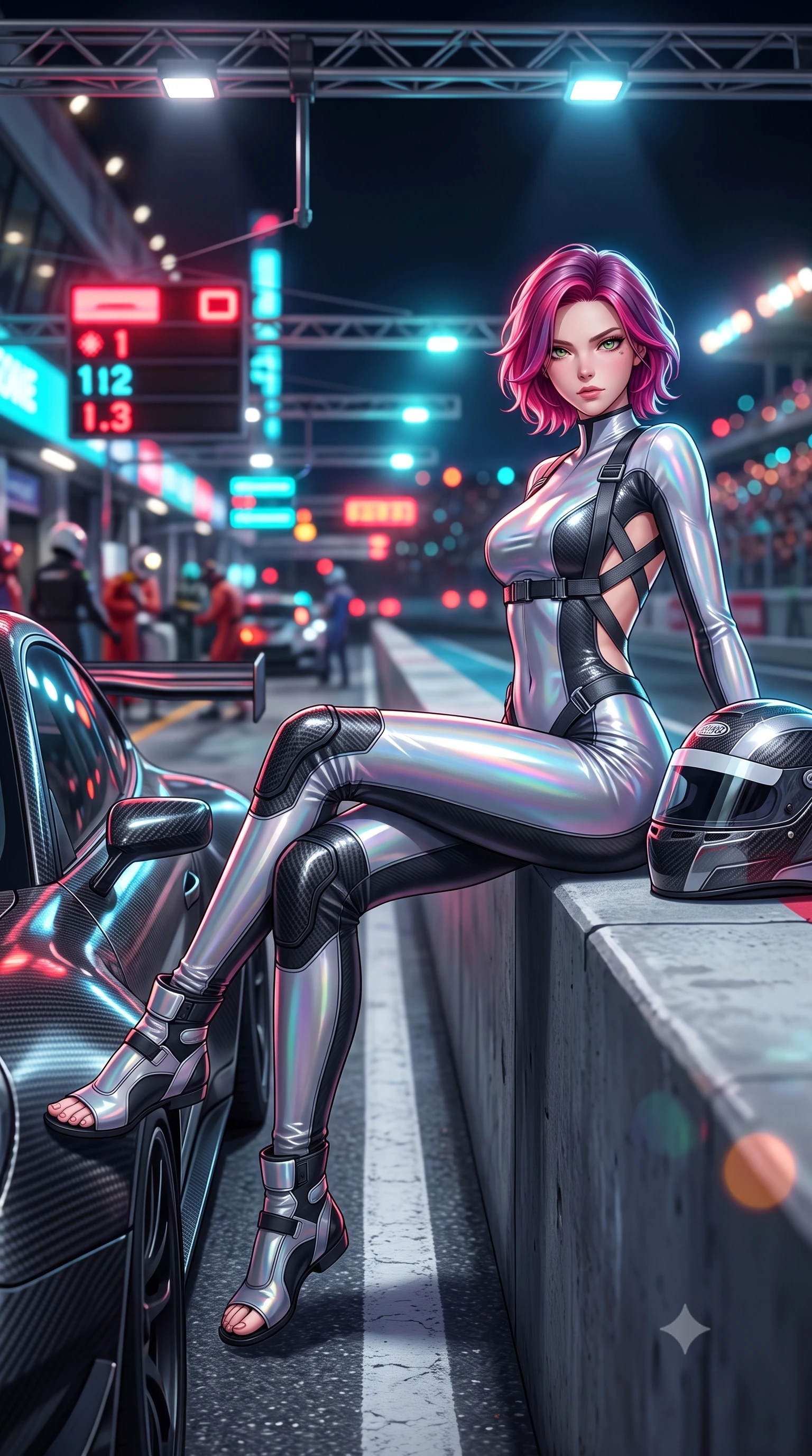 score_9, masterpiece, best quality, ultra-detailed, high-budget anime keyframe, semi-realistic 3D game render, editorial fashion photography, tasteful artistic composition, Caucasian woman. low angle full-body shot from head to toe showing her feet, filling the entire 9:16 vertical frame with her statuesque presence, stretching her vertical silhouette. sitting poised on the elevated edge with legs crossed and extended, her tall 8.5-heads proportions dominating the scene with effortless poise while leaning deep against the driver's side door with hips cocked, helmet resting against her hip, smoldering gaze locking onto the lens. The composition keeps background elements in soft focus with creamy bokeh. flashing neon pitlane status boards and distant crowd stadium lights blurred into blazing crimson, electric cyan, and amber bokeh. She has an absolutely perfect, statuesque 8.5-heads proportion, an exceptionally tall and slender model-like female figure with impossibly long slender legs, a toned flat midriff, and an ultra-slim waist. sharp v-shaped jawline, high-bridge nose, intricate jewel-like eyes with depth, thick eyelashes, glossy parted lips with a natural sheen, intensely captivating and seductive expression, flawlessly proportioned anatomical accuracy, strict slender model proportions, natural body alignment, perfectly sculpted long slender limbs, ultra-slim waistline, clean dynamic posture without body distortion. wearing a daring open-back racing jumpsuit with crossed elastic suspension straps and form-hugging fit in holographic silver prism and deep graphite, formed from ultra-sleek carbon-fiber reinforced composite with specular sheen, accented with hanging industrial clip straps and carbon fiber knee sliders, the glove-like aerodynamic second-skin fit tightly clinging to her ultra-slender waist and athletic curves without adding bulk, accentuating her razor-sharp statuesque lines and slim hourglass silhouette. surrounded by a fierce, electrifying, and irresistibly intoxicating motorsport queen aura. highly saturated vibrant anime colors, detailed shading with soft gradients, rich glossy textures, high-contrast stereoscopic depth, volumetric dynamic lighting, master piece, 9:16 ratio