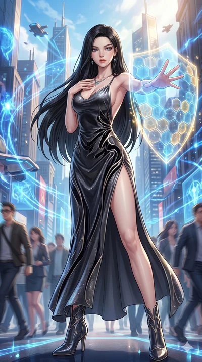 score_9, masterpiece, best quality, ultra-detailed, Set C: High-budget Anime Keyframe, Korean woman. Low angle cowboy shot filling the entire 9:16 frame with her statuesque presence. Summoning a shield made of hexagonal energy tiles. She has an absol