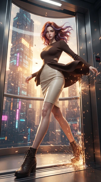 score_9, masterpiece, best quality, ultra-detailed, high-budget anime keyframe, editorial fashion photography, tasteful artistic composition, realistic cosplay photography, Caucasian woman, strictly human ears. low angle full-body shot from head to t