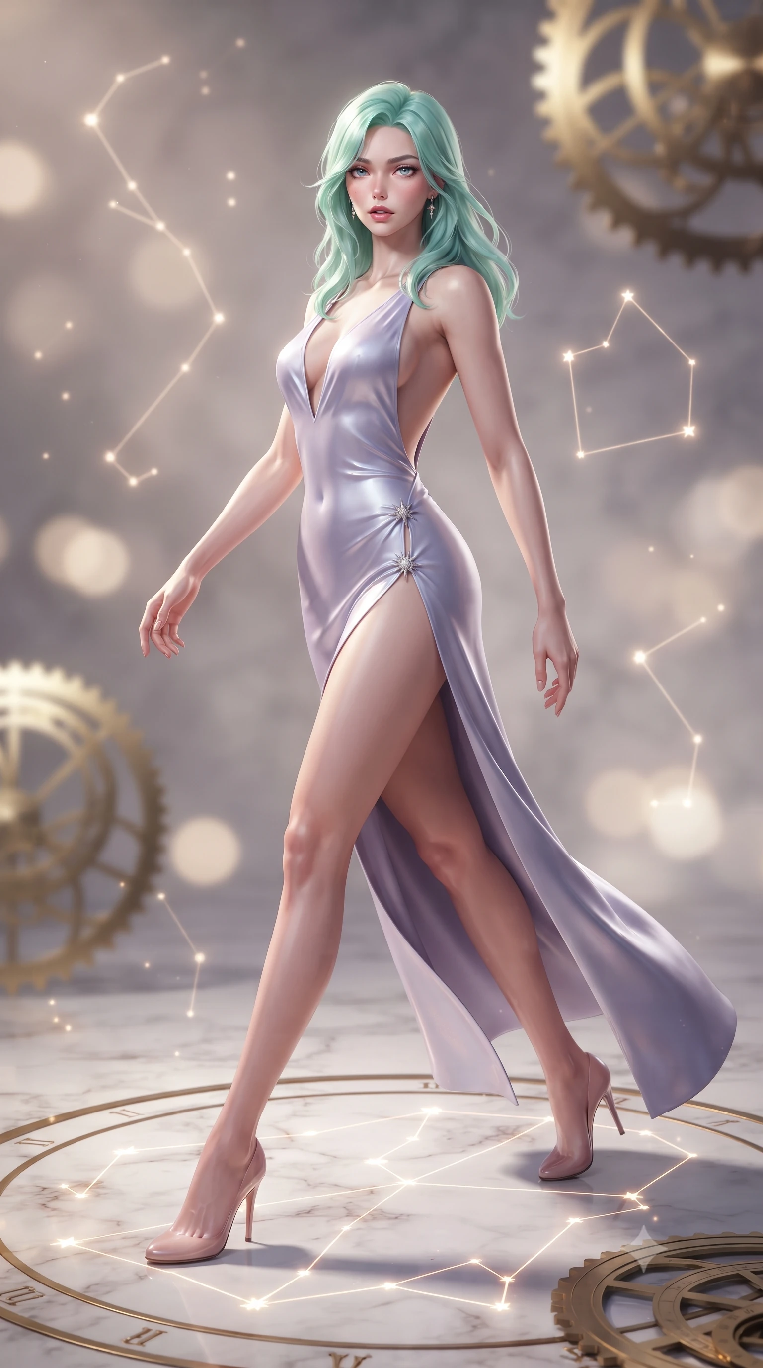 score_9, masterpiece, best quality, ultra-detailed, high-budget anime keyframe, editorial fashion photography, tasteful artistic composition, Japanese woman. low angle full-body shot from head to toe showing her feet, filling the entire 9:16 vertical frame with her statuesque presence, stretching her vertical silhouette. reclining on her side in an elegant Cleopatra pose with one knee drawn up, the dramatic contour of her rounded hips and long slender legs commanding the 9:16 vertical frame while striding across the illuminated marble star-chart floor, hips swaying with sovereign cosmic empress charisma. The composition keeps background elements in soft focus with creamy bokeh. glowing brass astrolabe gears and constellation hologram lines softened in romantic shallow focus. She has an absolutely perfect, statuesque 8.5-heads proportion, an exceptionally tall and slender model-like female figure with impossibly long slender legs, a toned flat midriff, an ultra-slim waist, and beautifully sculpted feminine hips. sharp v-shaped jawline, high-bridge nose, intricate jewel-like eyes with depth, thick eyelashes, glossy parted lips with a natural sheen, intensely captivating and seductive bedroom-eyes expression, flawlessly proportioned anatomical accuracy, strict slender model proportions, natural body alignment, perfectly sculpted long slender limbs, ultra-slim waistline, clean dynamic posture without body distortion. wearing a liquid silk jersey evening gown with an ultra-deep plunging open back and a sculpted hip-hugging silhouette in ethereal lilac mist and celestial silver, made of flexible reflective spandex and metallic webbing, finished with an ultra-high side slit secured by miniature starburst clasps, the form-contouring material adhering flawlessly to her sculpted flat midriff and slender torso, emphasizing her long leg lines and perfectly proportioned willowy build. surrounded by a celestial, immortal, and deeply hypnotic cosmos sovereign aura. ultra-reflective glossy finish, specular highlights, rich textural contrasts, high-contrast stereoscopic depth, volumetric dynamic lighting, 2k, ultra detail, master piece, 9:16 ratio