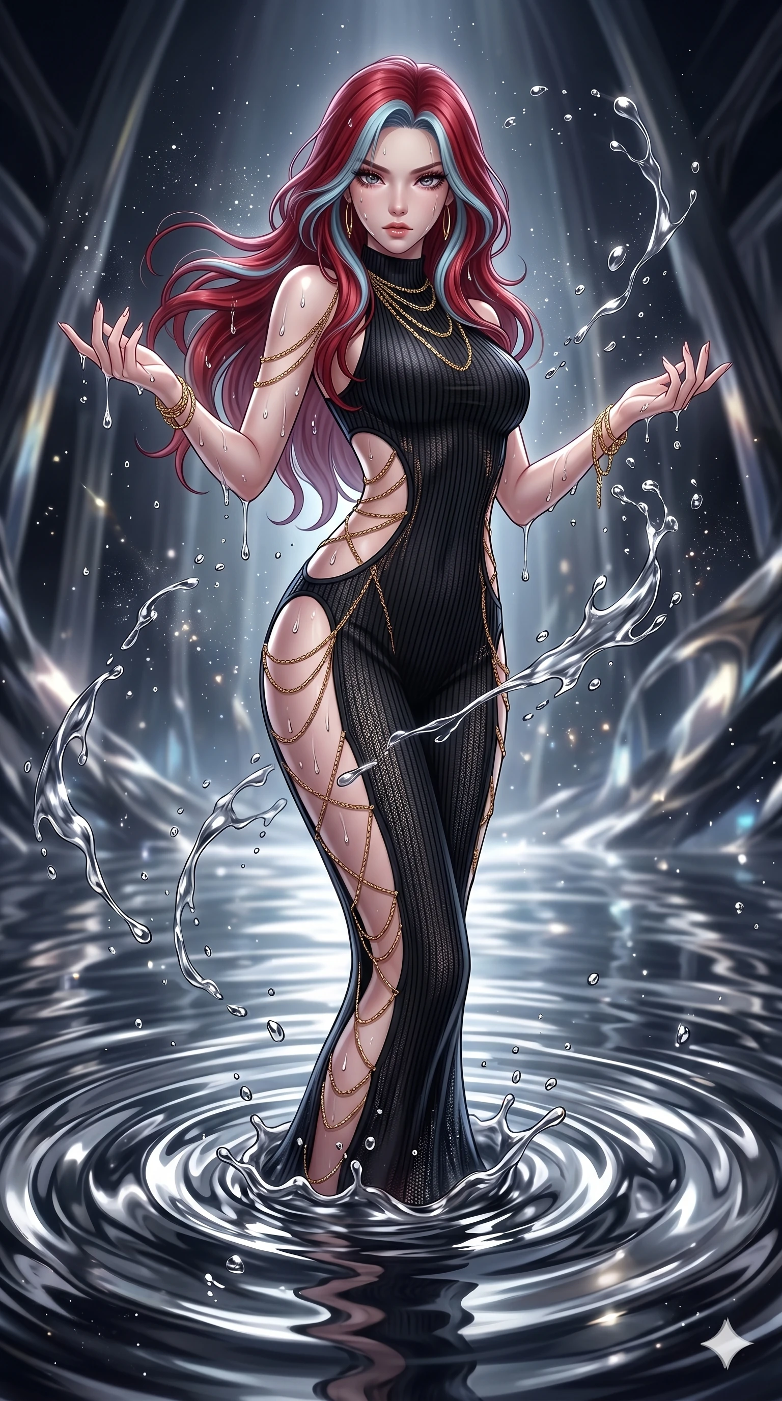 score_9, masterpiece, best quality, ultra-detailed, High-budget Anime Keyframe, East Asian woman. Dynamic full-body shot stretching the vertical silhouette to the limit. Scenario 234: Rising from a pool of mercury-like liquid, droplets rolling off her skin. Her presence is magnetic and overpowering in this high-budget anime scene. Outfit 234: A ribbed bodycon knit micro-mesh with a strategic side cut-outs and fine gold chains. The clothing is designed to emphasize her exceptionally tall and slender 8-heads proportion. 8-heads proportion, towering silhouette, ultra-slim waist. sharp v-shaped jawline, intricate jewel-like eyes with depth, thick eyelashes, glossy lips. 2k, ultra detail, master piece, 9:16 ratio