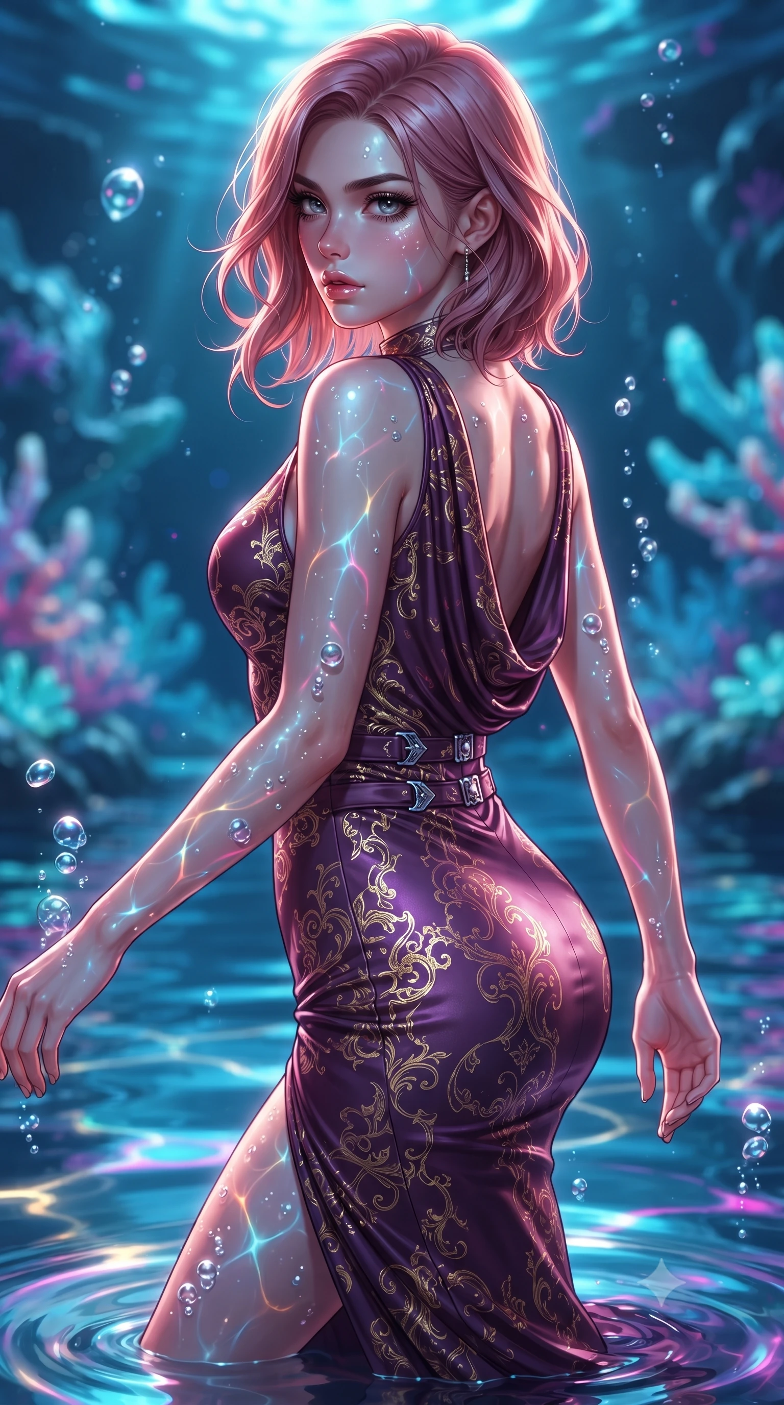 score_9, masterpiece, best quality, ultra-detailed, high-budget anime keyframe, editorial fashion photography, tasteful artistic composition, Japanese woman. close-up cowboy shot from the waist and thighs up, the character dominates the composition, filling the frame with her large presence, background elements kept in soft focus. Pivoting sharply while looking back over her shoulder with heavy lashes and a confident, intense gaze while gliding dynamically over a mirror-like lagoon floor as neon ripples dance across her form, rising underwater bubbles casting pearl-white specular highlights on her skin. She has an exceptionally elegant, slender, and willowy female figure with an ultra-slim waist, a gracefully sculpted slender torso, and a refined silhouette. sharp v-shaped jawline, high-bridge nose, intricate jewel-like eyes with depth, thick eyelashes, glossy lips with a natural sheen, flawlessly proportioned anatomical accuracy, natural body alignment, perfectly sculpted elegant limbs, clean dynamic posture without body distortion. wearing a precision-fitted liquid jersey bodycon dress with a graceful draped back in plum purple and gold filigree, crafted from smooth liquid silk, detailed with polished silver buckles along the waistline, the sleek second-skin texture accentuating her magnetic presence. surrounded by a shimmering ocean aura with bright specular rim lights. ultra-reflective glossy finish, specular highlights, metallic sheen, high-contrast stereoscopic depth, volumetric dynamic lighting, 2k, ultra detail, master piece, 9:16 ratio