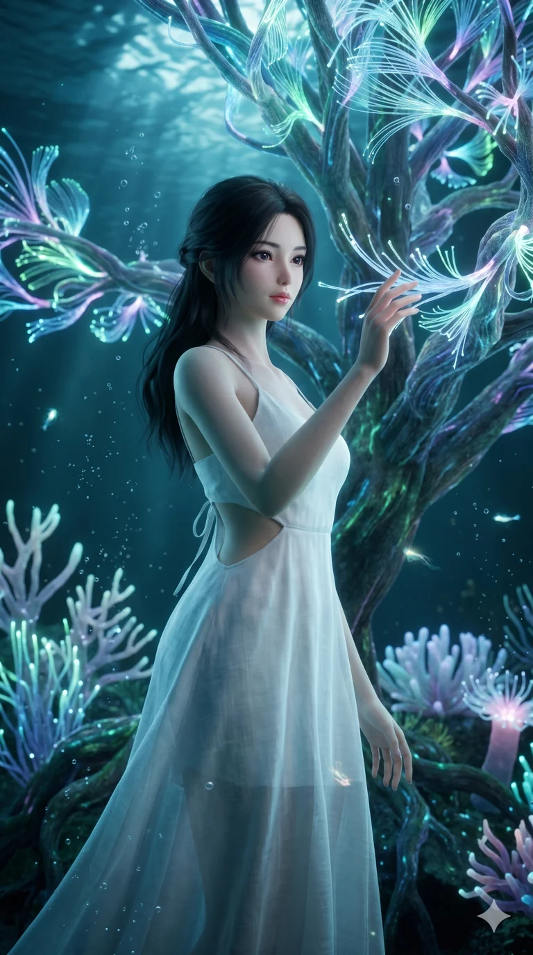 score_9, masterpiece, best quality, ultra-detailed, Semi-realistic 3D Game Render, high-fidelity character model, intricate textures, dynamic particle effects, Unreal Engine 5 aesthetic, crisp 3D depth, Japanese woman with delicate and elegant anime-inspired features. Upper body close-up from the thighs up, character filling the screen for maximum presence. Communing with a ancient tree whose leaves are made of translucent fiber-optics. She has an absolutely perfect 8-heads proportion, an exceptionally tall and slender female figure with impossibly long slender legs and an ultra-slim waist, her statuesque height and towering silhouette dominating the vertical 9:16 frame. Her face is a masterpiece featuring a sharp v-shaped jawline, high-bridge nose, intricate jewel-like eyes with depth, thick eyelashes, and glossy lips with a natural sheen. She is wearing a Flowy white linen sundress with a tie-back detail, asymmetrical cutouts on the waist, and sheer transparency.. The scene is set in an underwater Eden where the plants are made of light and fiber-optics. 2k, ultra detail, master piece, 9:16 ratio
