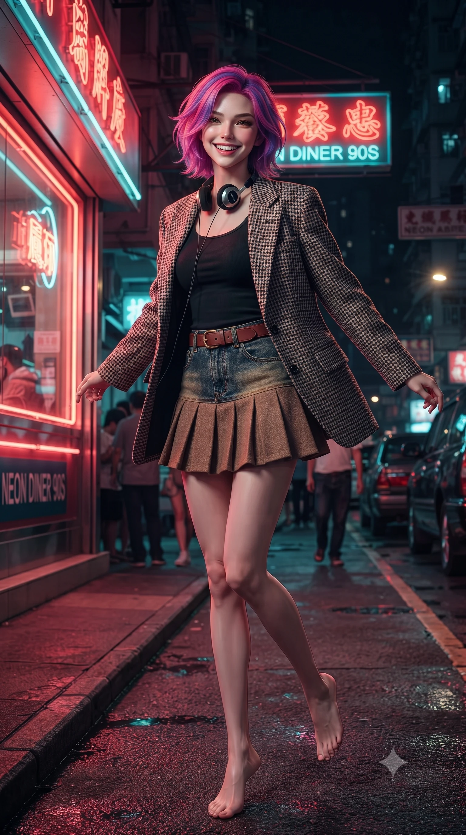 score_9, masterpiece, best quality, ultra-detailed, high-budget anime keyframe, editorial fashion photography, tasteful artistic composition, Caucasian woman. low angle full-body shot from head to toe showing her feet, filling the entire 9:16 vertical frame with her statuesque presence, stretching her vertical silhouette. landing lightly on the balls of her feet in a balanced kinetic stance, eyes locked onto the camera with fearless allure while pivoting playfully outside a retro diner's glowing neon window, smiling with infectious nostalgic girlhood charm. The surrounding environment is rendered in vivid detail and crisp panoramic clarity. authentic 90s film noir chiaroscuro and atmospheric retro Asian city nightlife rendered in precision. She has an absolutely perfect, statuesque 8.5-heads proportion, an exceptionally tall and slender model-like female figure with impossibly long slender legs, a toned flat midriff, and an ultra-slim waist. sharp v-shaped jawline, high-bridge nose, intricate jewel-like eyes with depth, thick eyelashes, glossy lips with a natural sheen, captivating and magnetic expression, flawlessly proportioned anatomical accuracy, strict slender model proportions, natural body alignment, perfectly sculpted long slender limbs, ultra-slim waistline, clean dynamic posture without body distortion. wearing a tailored 90s houndstooth oversized blazer over a simple scoop-neck top and a high-waisted pleated wool mini-skirt in vintage camel brown and washed indigo denim, tailored from fine British wool tweed and comfortable stretch cotton, accessorized with a classic leather belt with brass buckle and retro on-ear foam headphones, the liquid-tight tailored fabric emphasizing every curve of her tall, slender model proportions and sculptured silhouette during dynamic movement. bathed in rich neon red and cyan streetlamp glow bouncing off wet asphalt surfaces. ultra-reflective glossy finish, specular highlights, rich textural contrasts, high-contrast stereoscopic depth, volumetric dynamic lighting, 2k, ultra detail, master piece, 9:16 ratio