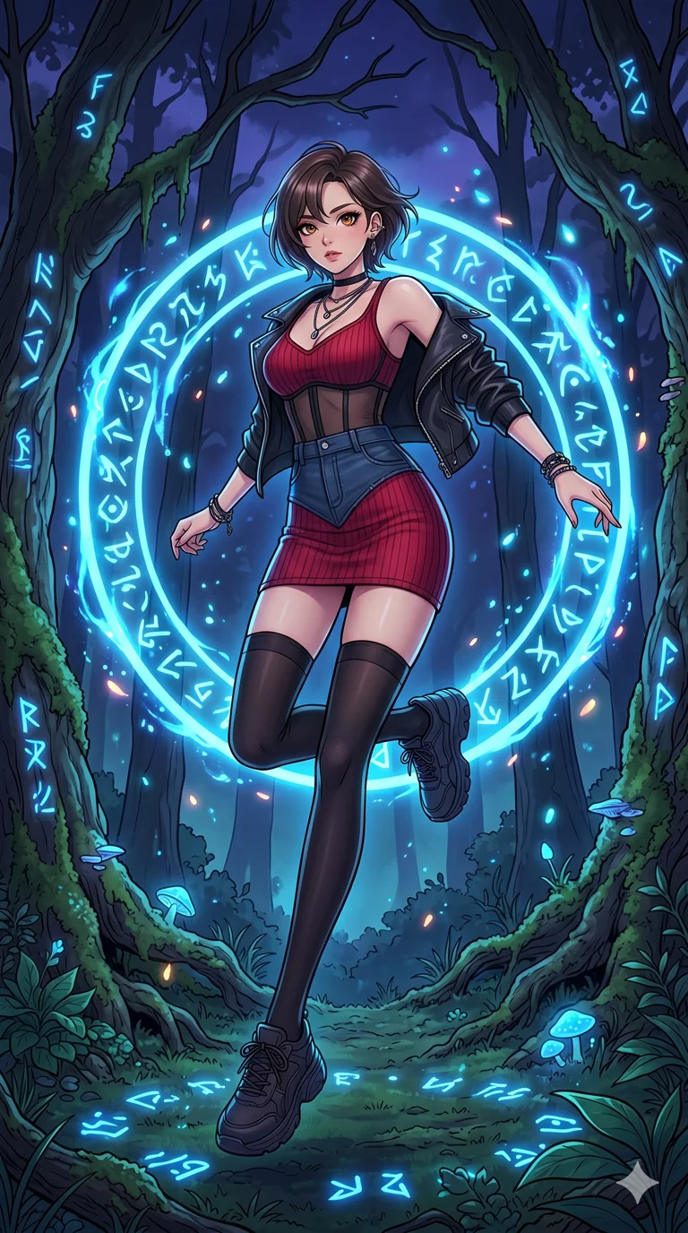 score_9, masterpiece, best quality, ultra-detailed, High-budget Anime Keyframe, beautiful Korean anime girl. Low angle cowboy shot filling the entire 9:16 frame with her statuesque presence. Leaping through a ring of glowing runes in an ancient forest at night. She has an absolutely perfect 8-heads proportion, an exceptionally tall and slender female figure with impossibly long slender legs and an ultra-slim waist. Sharp v-shaped jawline, high-bridge nose, intricate jewel-like eyes with depth, thick eyelashes, glossy lips with a natural sheen. Wearing an Urban Trendsetter outfit: deep-cut crimson bodycon dress with high-waist denim and sheer corset. Background is a bright and colorful dark forest with glowing blue runes and mystical embers. 2k, ultra detail, master piece, 9:16 ratio
