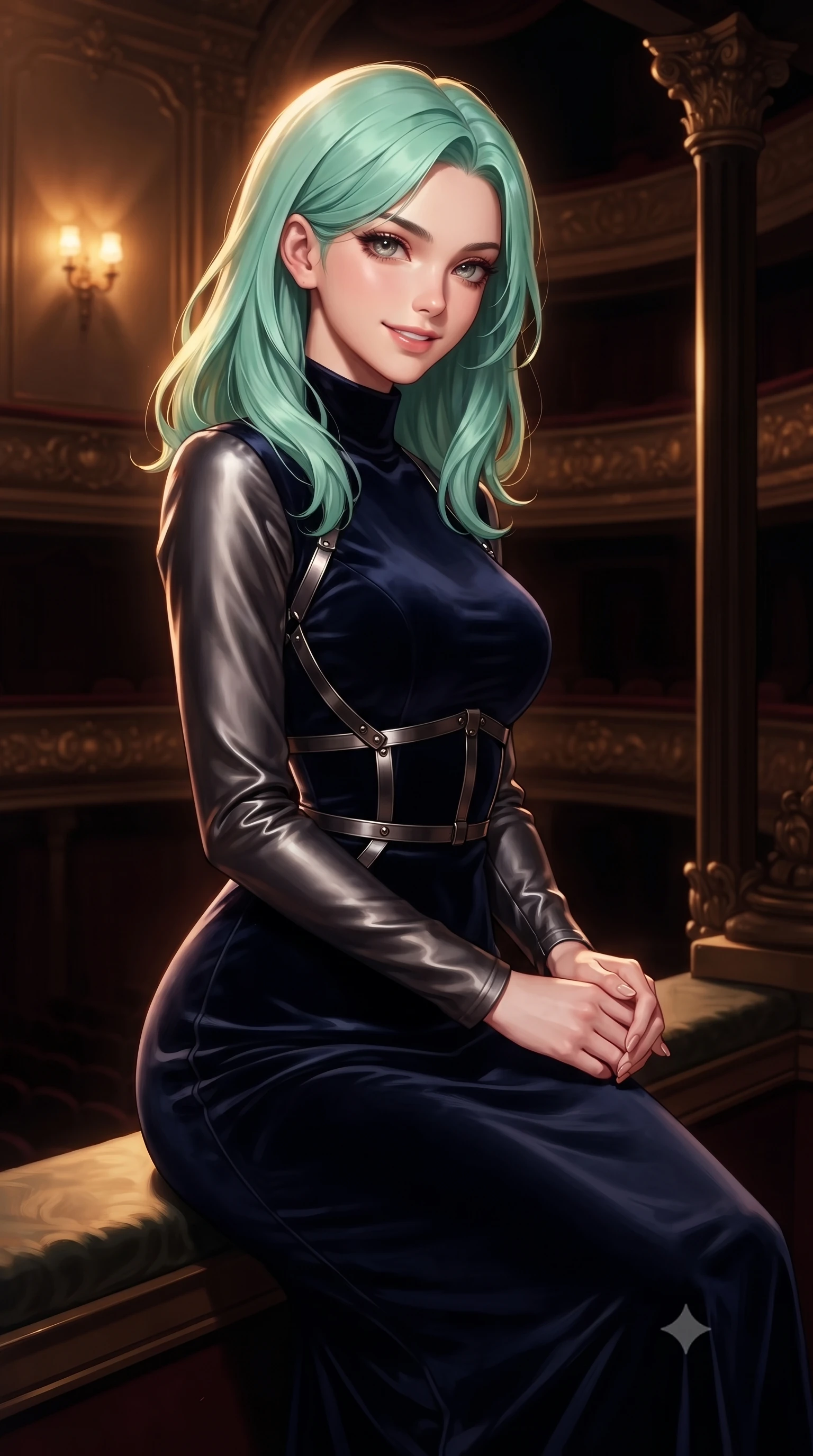 score_9, masterpiece, best quality, ultra-detailed, high-budget anime keyframe, editorial fashion photography, tasteful artistic composition, Japanese woman. close-up cowboy shot from the waist and thighs up, the character dominates the composition, filling the frame with her large presence, background elements kept in soft focus. Smiling with quiet, magnetic self-assurance directly into the camera, gazing out over a colossal pitch-dark opera hall from an ornate dark gold booth, subtle amber wall sconce glow casting warm edge lighting. She has an exceptionally elegant, slender, and willowy female figure with an ultra-slim waist, a gracefully sculpted slender torso, and a refined silhouette. sharp v-shaped jawline, high-bridge nose, intricate jewel-like eyes with depth, thick eyelashes, glossy lips with a natural sheen. wearing floor-length high-neck midnight navy velvet gown with long sleeves in metallic dark silver, made of soft dark satin, highlighted by a gunmetal metallic harness structure, highlighting her statuesque proportions and ultra-slim waistline. lit by intense warm spotlight contrasting with deep dark mahogany shadows. highly saturated vibrant anime colors, detailed shading with soft gradients, rich glossy textures, high-contrast stereoscopic depth, volumetric dynamic lighting, master piece, 9:16 ratio