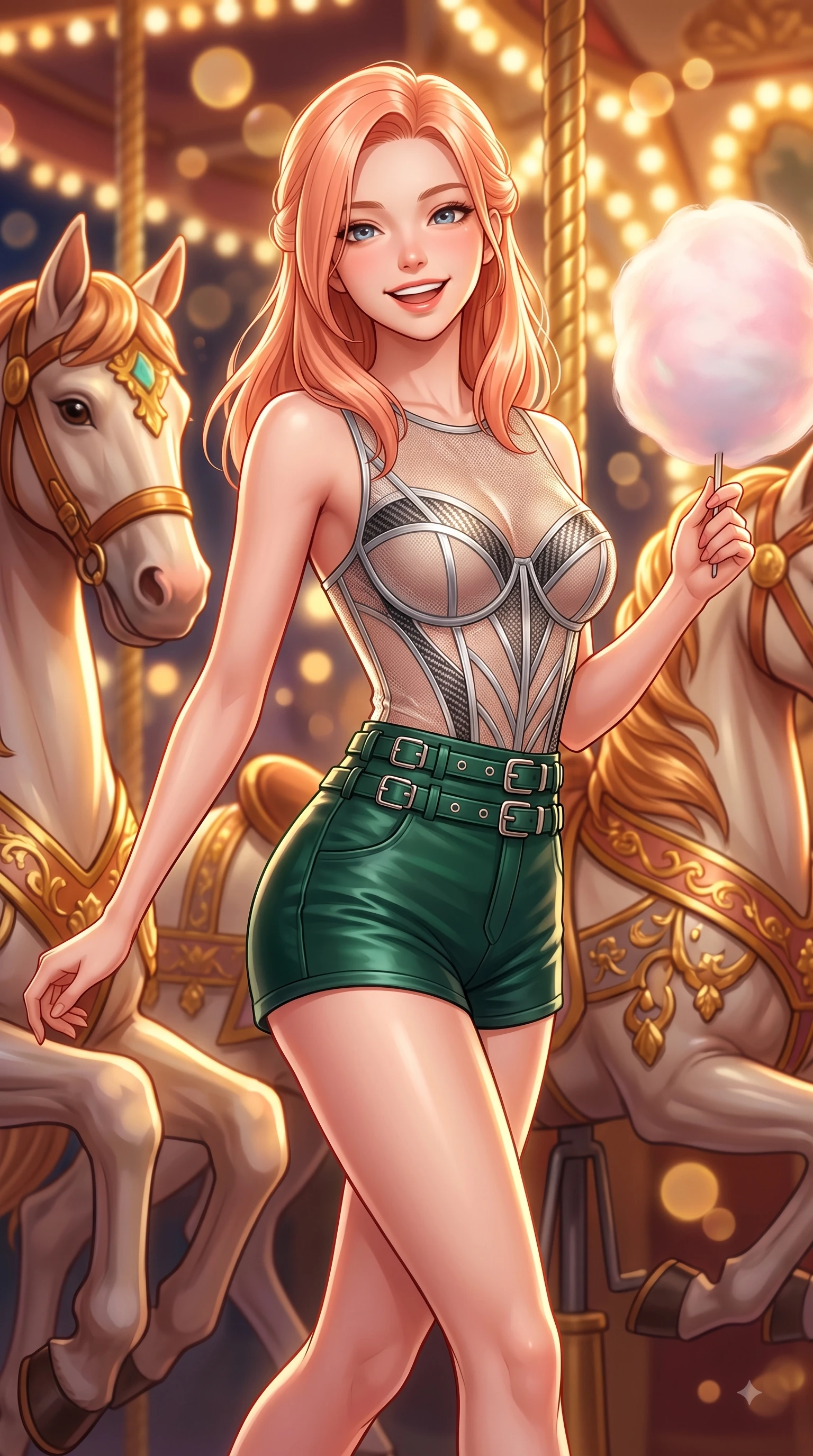 score_9, masterpiece, best quality, ultra-detailed, high-budget anime keyframe, editorial fashion photography, tasteful artistic composition, Japanese woman. close-up cowboy shot from the waist and thighs up, the character dominates the composition, filling the frame with her large presence, background elements kept in soft focus. Gazing directly into the camera with a joyful, infectious smile as her torso curves dynamically in mid-stride while pivoting in a cheerful dynamic stride with a cotton candy orb in hand and beaming eyes, ornate carved carousel horses with gold-leaf trim reflecting bright amber highlights. She has an exceptionally elegant, slender, and willowy female figure with an ultra-slim waist, a gracefully sculpted slender torso, and a refined silhouette. sharp v-shaped jawline, high-bridge nose, intricate jewel-like eyes with depth, thick eyelashes, glossy lips with a natural sheen, flawlessly proportioned anatomical accuracy, natural body alignment, perfectly sculpted elegant limbs, clean dynamic posture without body distortion. wearing a delicate see-through mesh top with structured cup boning and micro-shorts in deep emerald green and silver accent, made of fine carbon-fiber weave and soft matte leather, detailed with polished silver buckles along the waistline, the elegant draped fit framing her graceful clavicle and slender torso. illuminated by cheerful festive backlighting with soft golden bokeh bubbles. highly saturated vibrant anime colors, detailed shading with soft gradients, rich glossy textures, high-contrast stereoscopic depth, volumetric dynamic lighting, master piece, 9:16 ratio