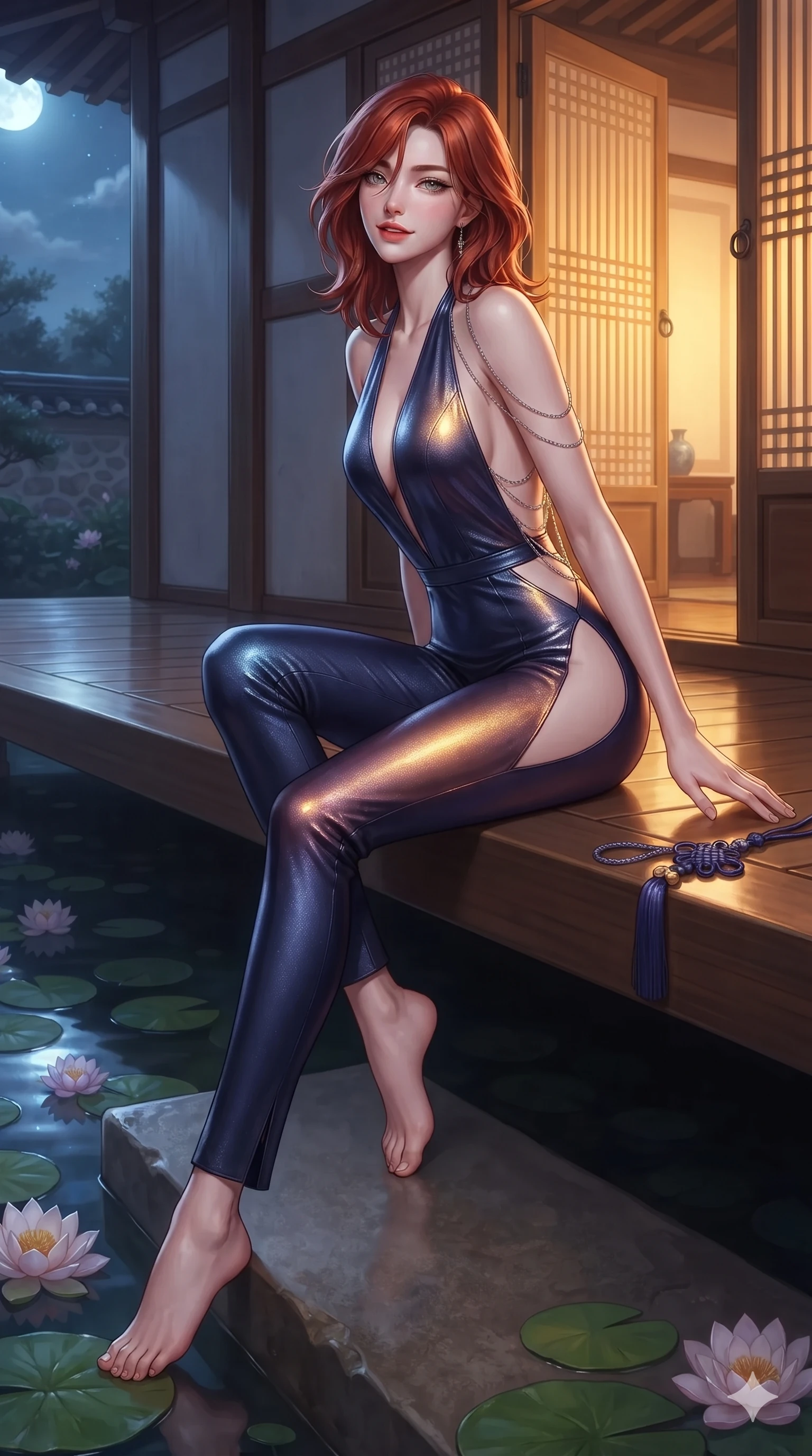 score_9, masterpiece, best quality, ultra-detailed, high-budget anime keyframe, editorial fashion photography, tasteful artistic composition, Korean woman. low angle full-body shot from head to toe showing her feet, filling the entire 9:16 vertical frame with her statuesque presence, stretching her vertical silhouette. stepping slowly toward the camera with hypnotic grace, hips swaying in an alluring sensual rhythm that accentuates her curvy hourglass silhouette and long slender legs while sitting perched on the lacquered veranda steps with legs crossed, arching her lower back with breathtaking siren grace as lotus blossoms drift below. The surrounding environment is rendered in vivid detail and crisp panoramic clarity: sharp polished timber floor reflections, traditional norigae knot silk weave, and floating water lily pad contours in deep focus. She has an absolutely perfect, statuesque 8.5-heads proportion, an exceptionally tall and slender model-like female figure with impossibly long slender legs, an ultra-slim waist, a flat toned midriff, narrow delicate ribcage, and beautifully sculpted feminine hips creating a graceful, slim hourglass silhouette without any bulky heaviness. sharp v-shaped jawline, high-bridge nose, sparkling eyes with hypnotic seductive depth, thick curled eyelashes, glossy parted lips with a natural dewy peach sheen, alluring bedroom-eyes with an enchanting coquettish smile, exuding magnetic siren charisma and sophisticated glamour, flawlessly proportioned anatomical accuracy, strict slender model proportions, natural body alignment, perfectly sculpted long slender limbs, ultra-slim waistline, clean dynamic posture without body distortion. wearing a backless liquid metallic lamé plunge halterneck jumpsuit with high-cut side hip cutouts in midnight indigo and glowing lantern topaz, tailored from heavy double-faced silk faille with an exceptionally fluid drape, accented with an open-back drape framed by falling strands of delicate chrome chains, the bespoke structured tailoring following the natural line of her 8.5-heads silhouette with refined elegance. bathed in soft celestial moonlight combined with warm golden light spilling through open veranda doors. ultra-reflective glossy finish, specular highlights, rich textural contrasts, high-contrast stereoscopic depth, volumetric dynamic lighting, 2k, ultra detail, master piece, 9:16 ratio