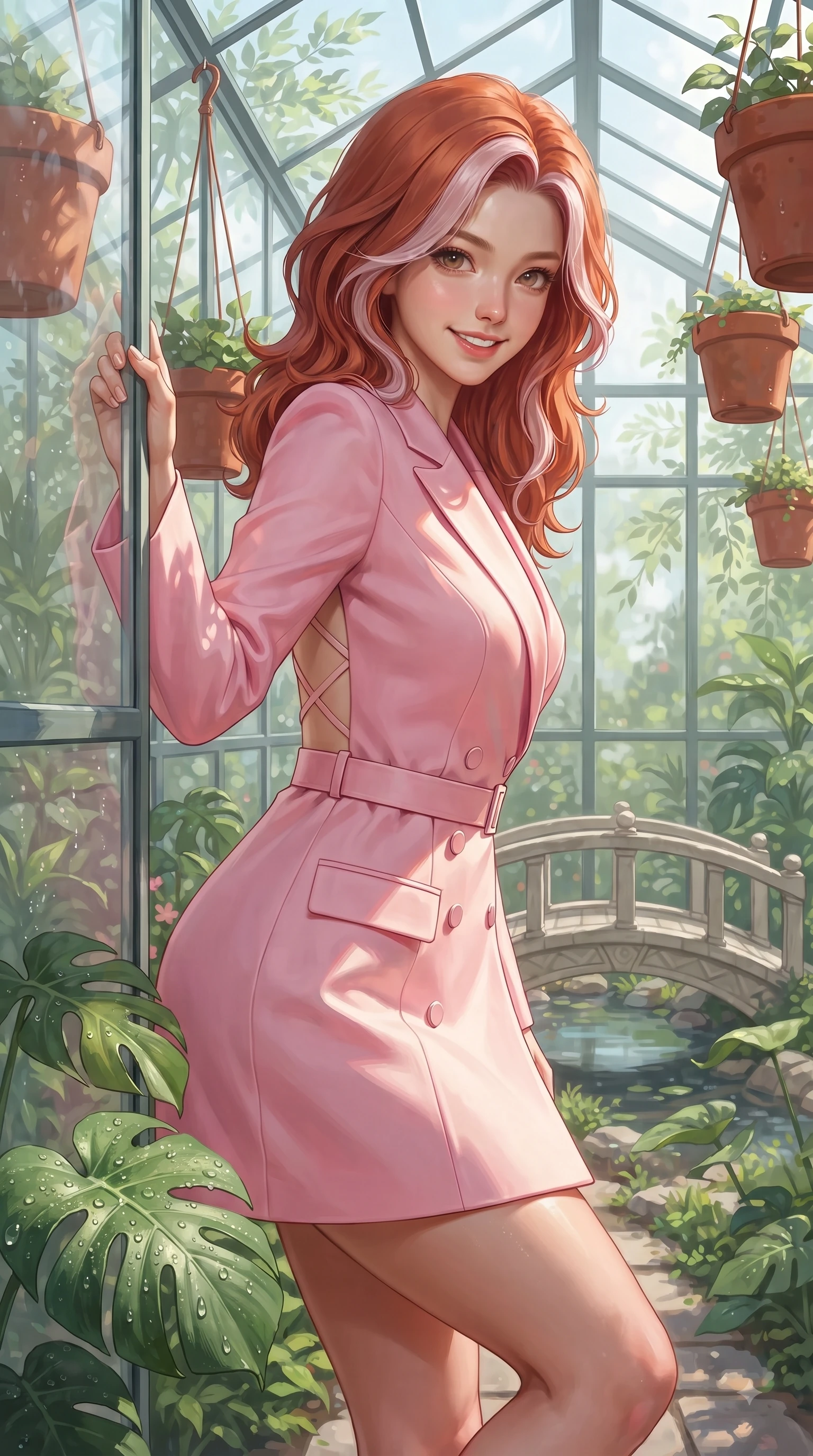 score_9, masterpiece, best quality, ultra-detailed, high-budget anime keyframe, editorial fashion photography, tasteful artistic composition, Caucasian woman. close-up cowboy shot from the waist and thighs up, the character dominates the composition, filling the frame with her large presence. Youthful bright smile exuding pure cute charm and fresh energy, her torso turning dynamically into the lens while leaning against a glass greenhouse wall surrounded by hanging terracotta flower pots. The surrounding environment is rendered in vivid detail and crisp panoramic clarity. dewdrops on Monstera leaves, stone bridge details, and clear glass geometric panels in crisp resolution. She has an exceptionally elegant, slender, and willowy female figure with an ultra-slim waist, a gracefully sculpted slender torso, and a refined silhouette. sharp v-shaped jawline, high-bridge nose, intricate jewel-like eyes with depth, thick eyelashes, glossy lips with a natural sheen, flawlessly proportioned anatomical accuracy, natural body alignment, perfectly sculpted elegant limbs, clean dynamic posture without body distortion. wearing a tailored double-breasted blazer dress with a sleek waist belt and clean lines in bright cherry blossom pink and champagne, crafted from lightweight fluid chiffon, finished with delicate criss-cross back straps highlighting her bare shoulders, the elegant draped fit framing her graceful clavicle and slender torso. illuminated by fresh botanical sunbeams casting delicate leaf patterns. ultra-reflective glossy finish, specular highlights, metallic sheen, high-contrast stereoscopic depth, volumetric dynamic lighting, 2k, ultra detail, master piece, 9:16 ratio